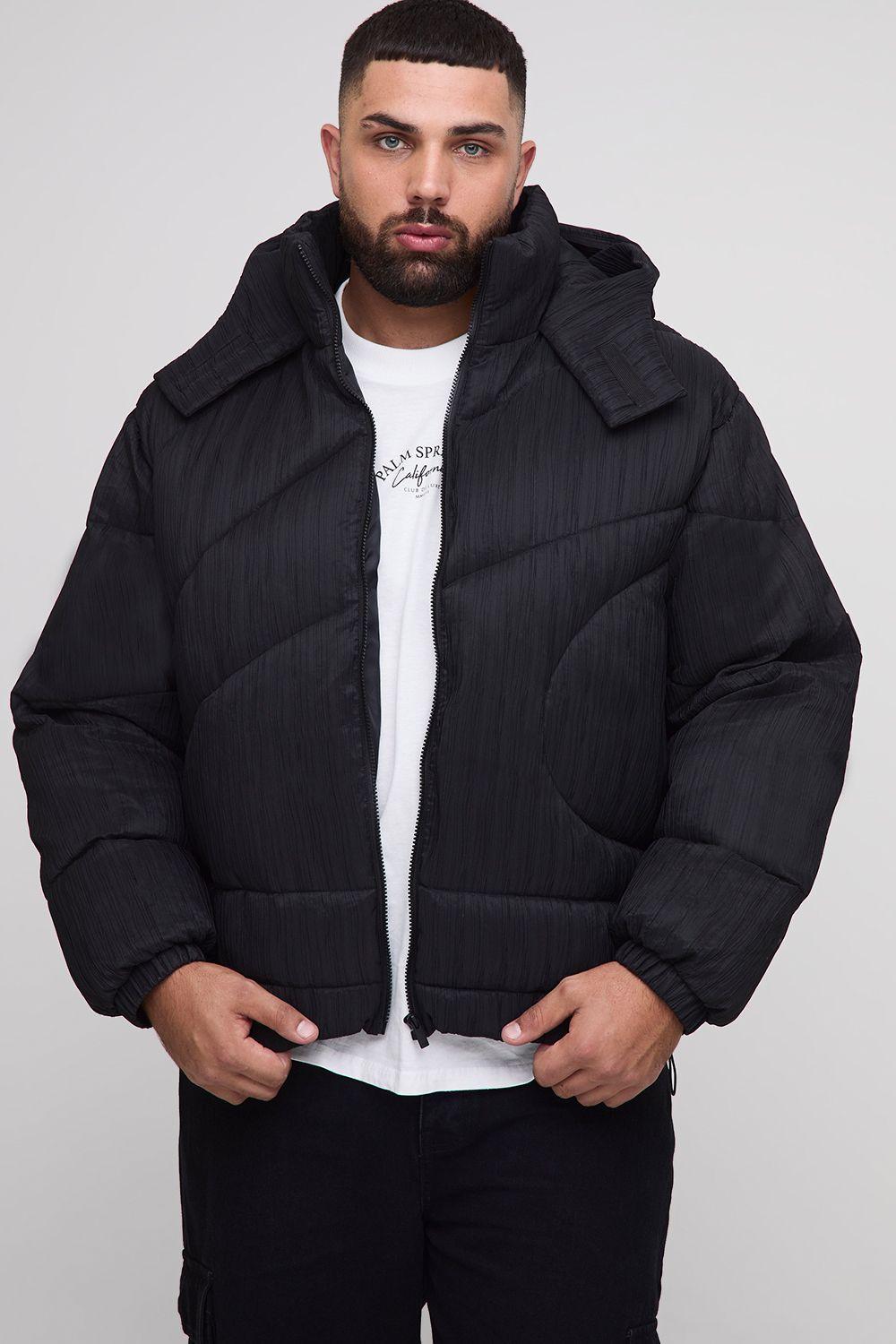 Plus Oversized Crinkle Funnel Neck Abstract Quilted Puffer Jacket by BOOHOOMAN Plus Oversized Crinkle Funnel Neck Abstract Quilted Puffer Jacket by BOOHOOMAN