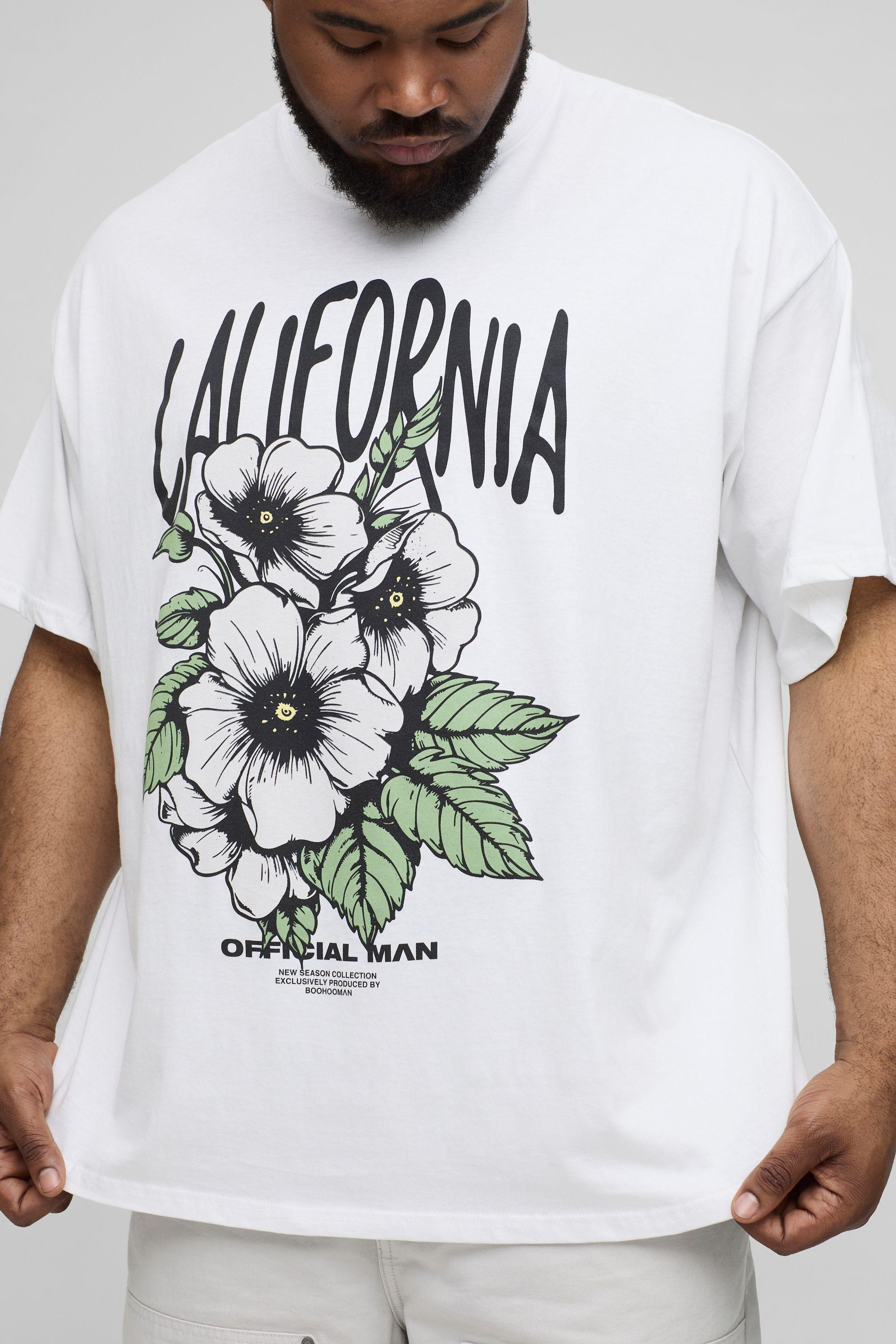 Plus Oversized Extended Neck California Floral Print T-Shirt by BOOHOOMAN