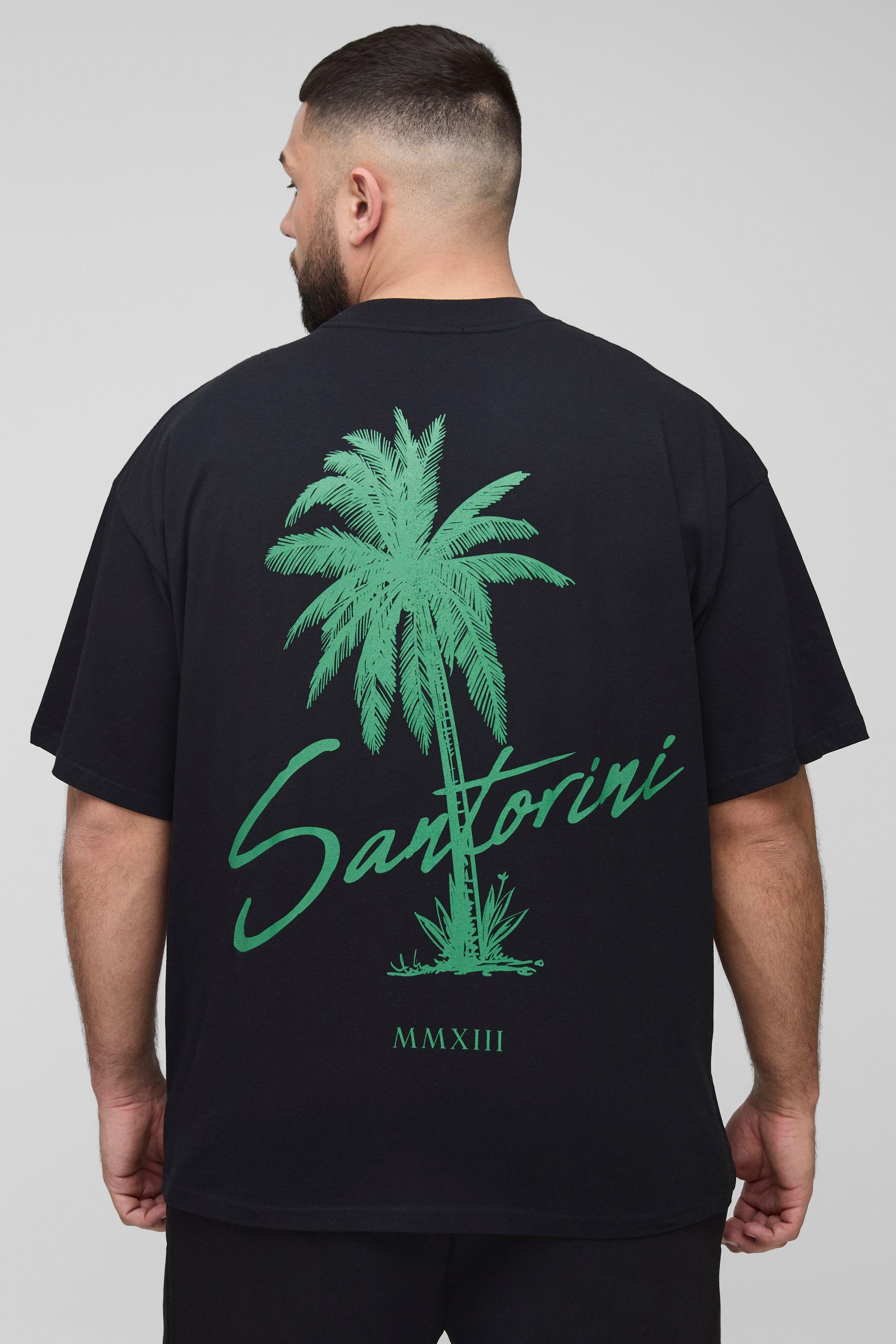 Plus Oversized Extended Neck Santorini Palm Print Landscape T-Shirt by BOOHOOMAN