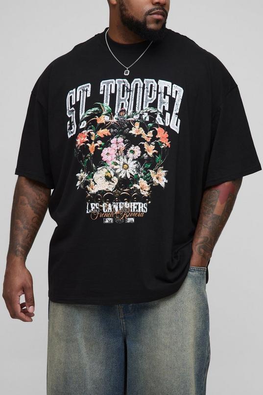 Plus Oversized Extended Neck St. Tropez Floral Print T-Shirt by BOOHOOMAN