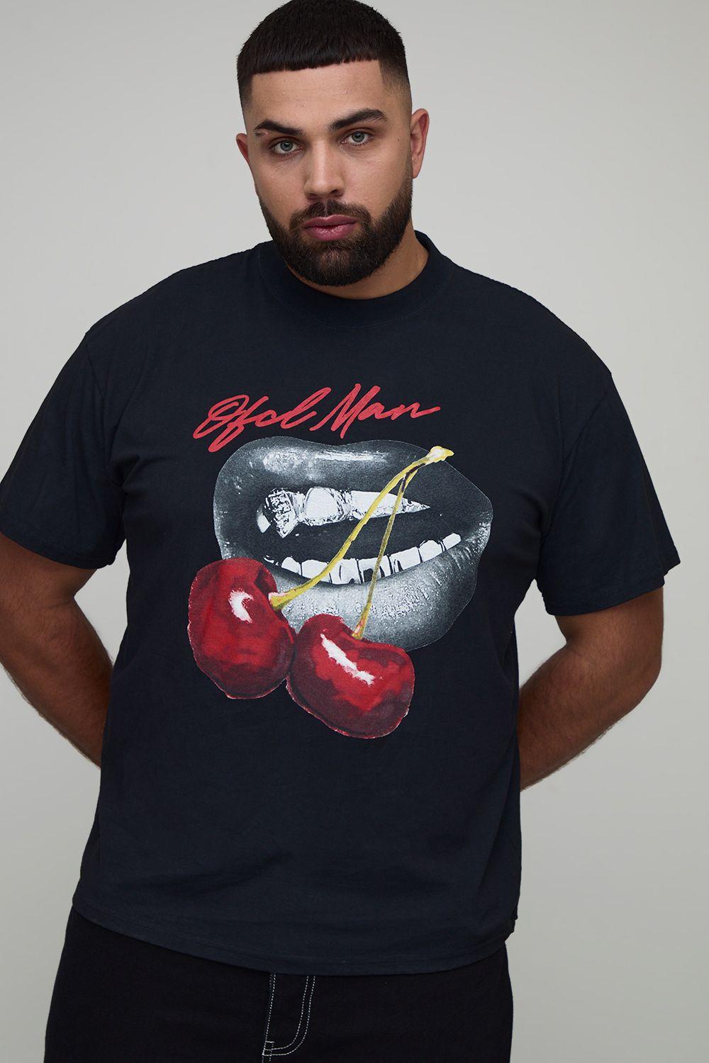Plus Oversized Extended Neck Vintage Wash Cherry Lips Graphic T-Shirt by BOOHOOMAN