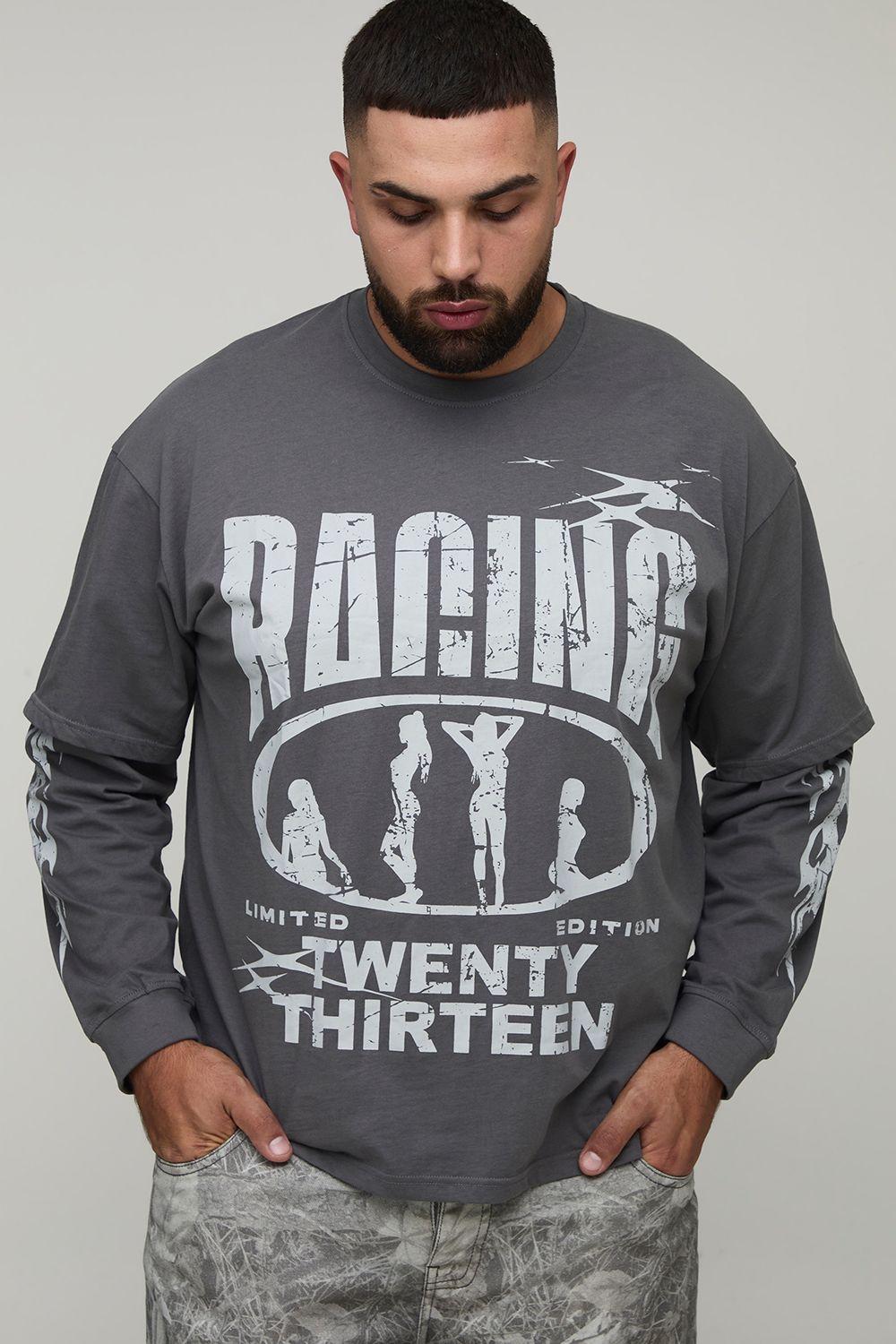 Plus Oversized Faux Layer Racing Print T-Shirt by BOOHOOMAN
