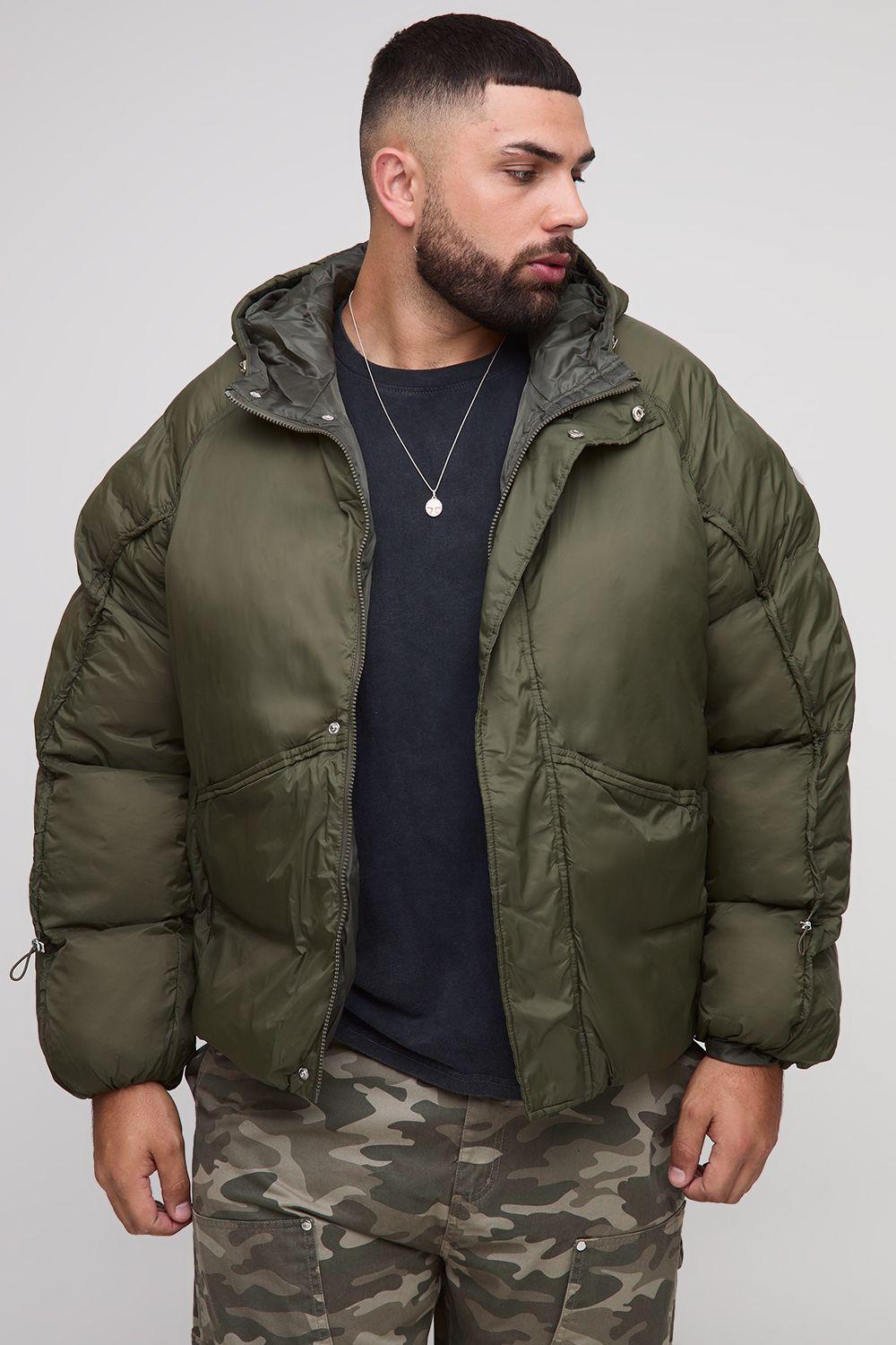 Plus Oversized Fit Ruched Sleeve Panelled Puffer Jacket by BOOHOOMAN