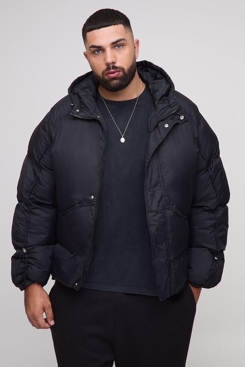 Plus Oversized Fit Ruched Sleeve Panelled Puffer Jacket by BOOHOOMAN