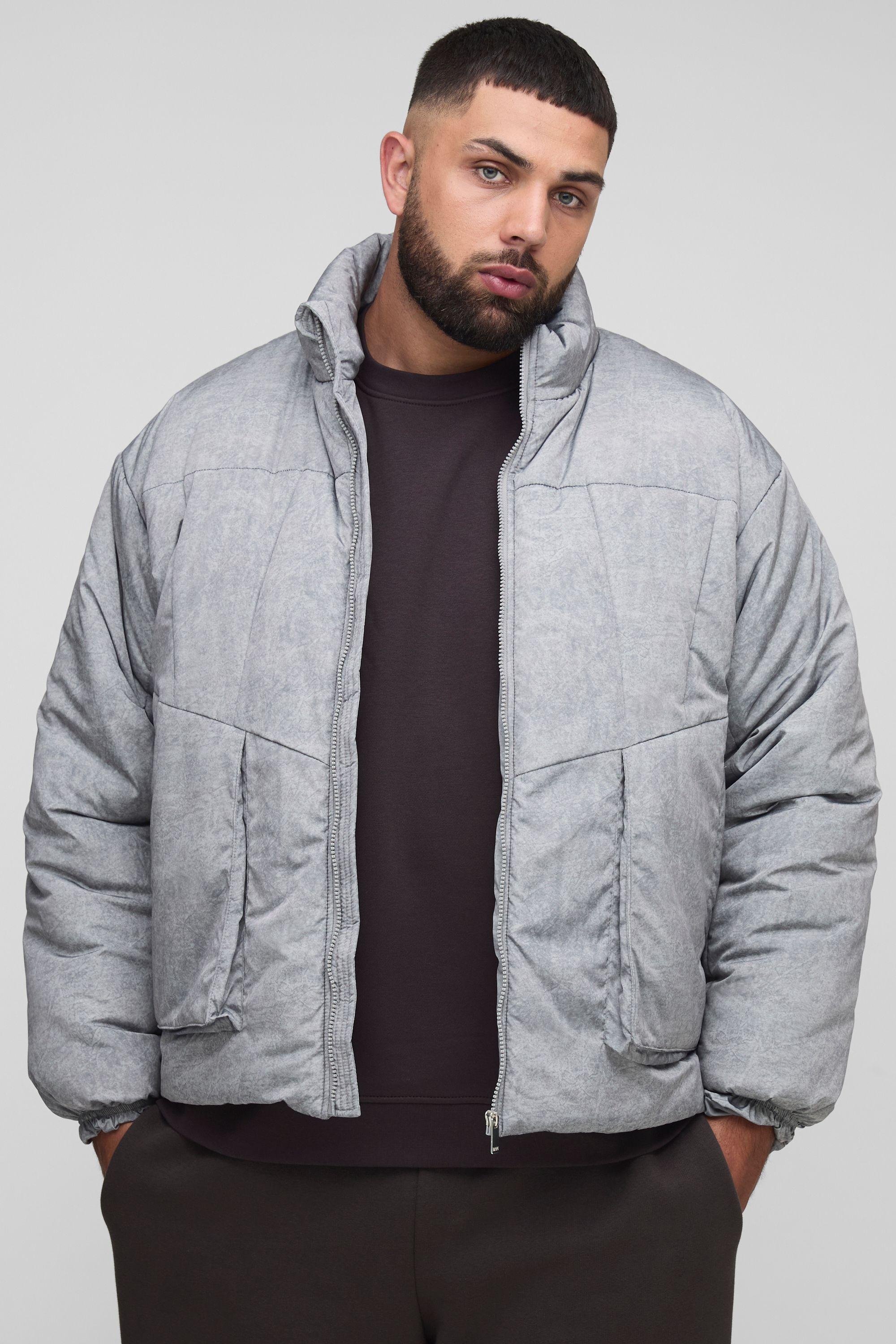 Plus Oversized Fit Washed Nylon Padded Funnel Neck Puffer Jacket by BOOHOOMAN