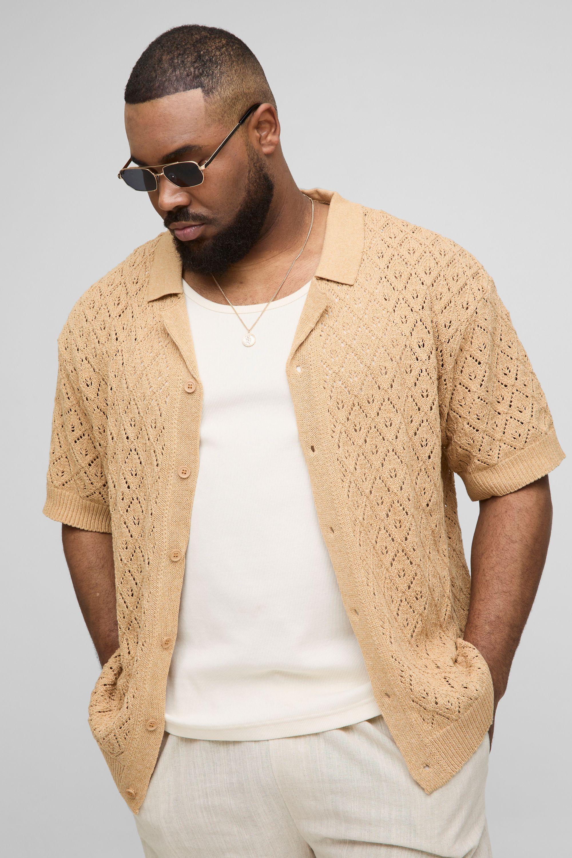 Plus Oversized Leaf Pointelle Crochet Revere Shirt by BOOHOOMAN