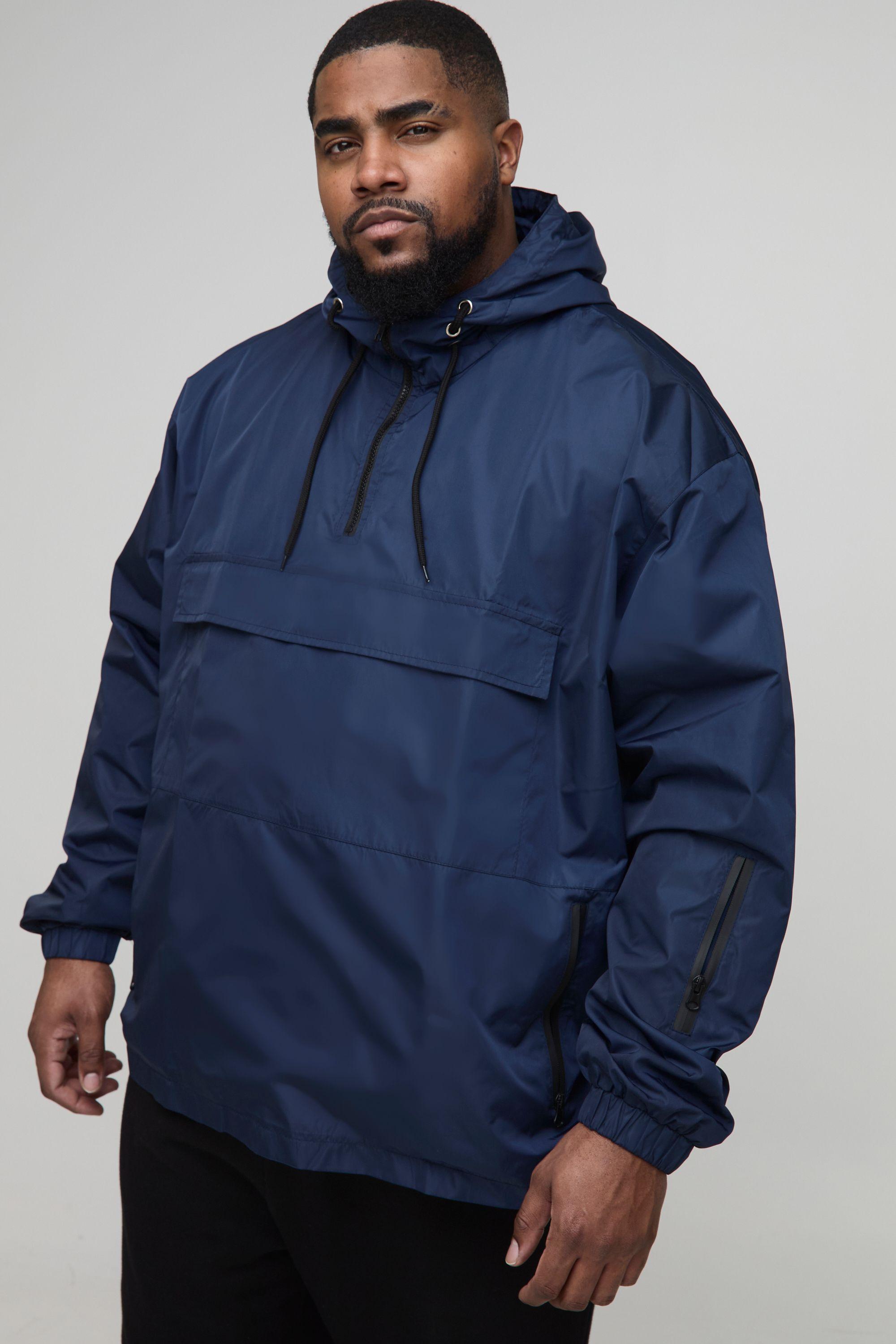 Plus Oversized Pocket Hooded Half Zip Windbreaker by BOOHOOMAN Plus Oversized Pocket Hooded Half Zip Windbreaker by BOOHOOMAN