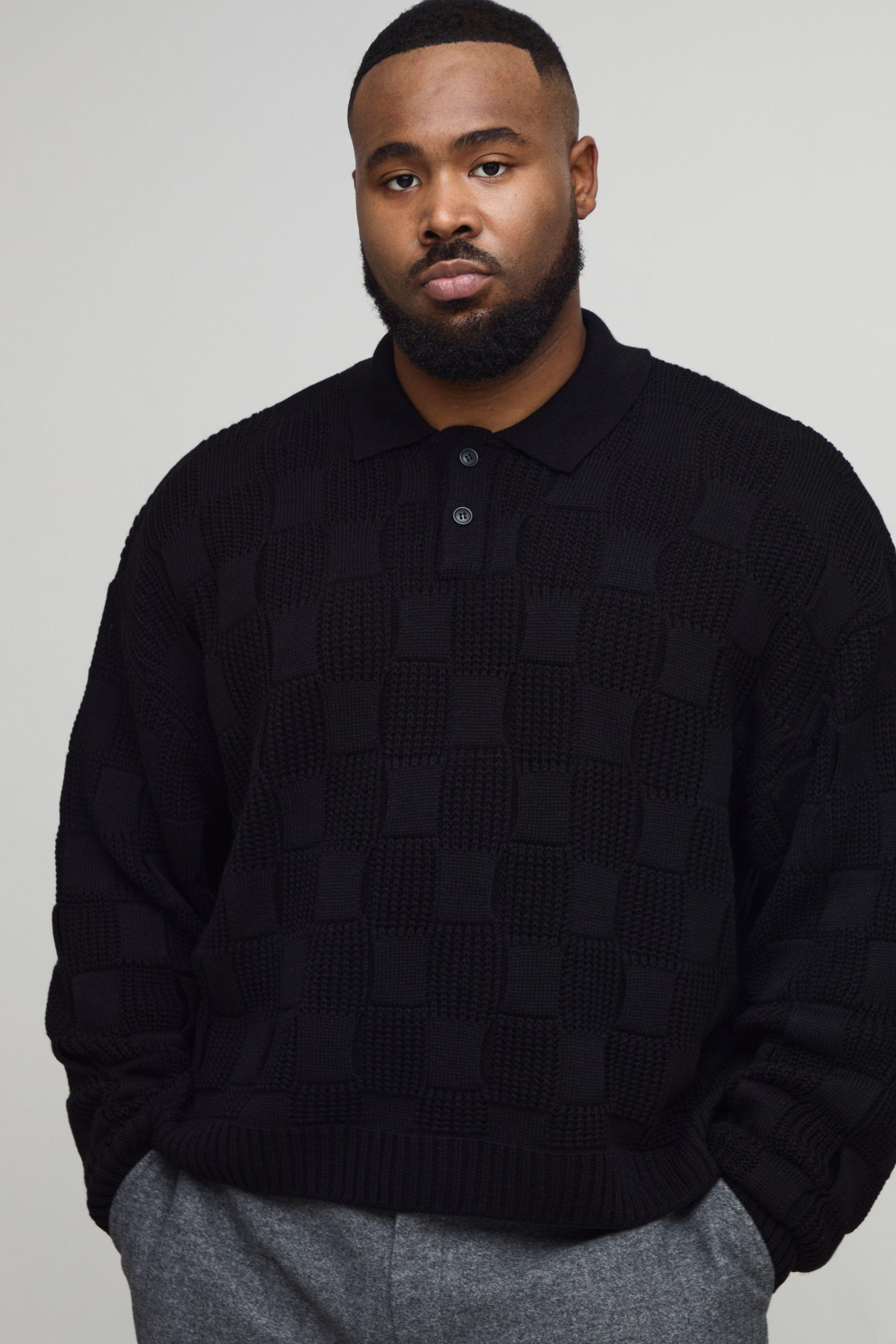 Plus Oversized Rib Mixed Cable Knitted Polo by BOOHOOMAN