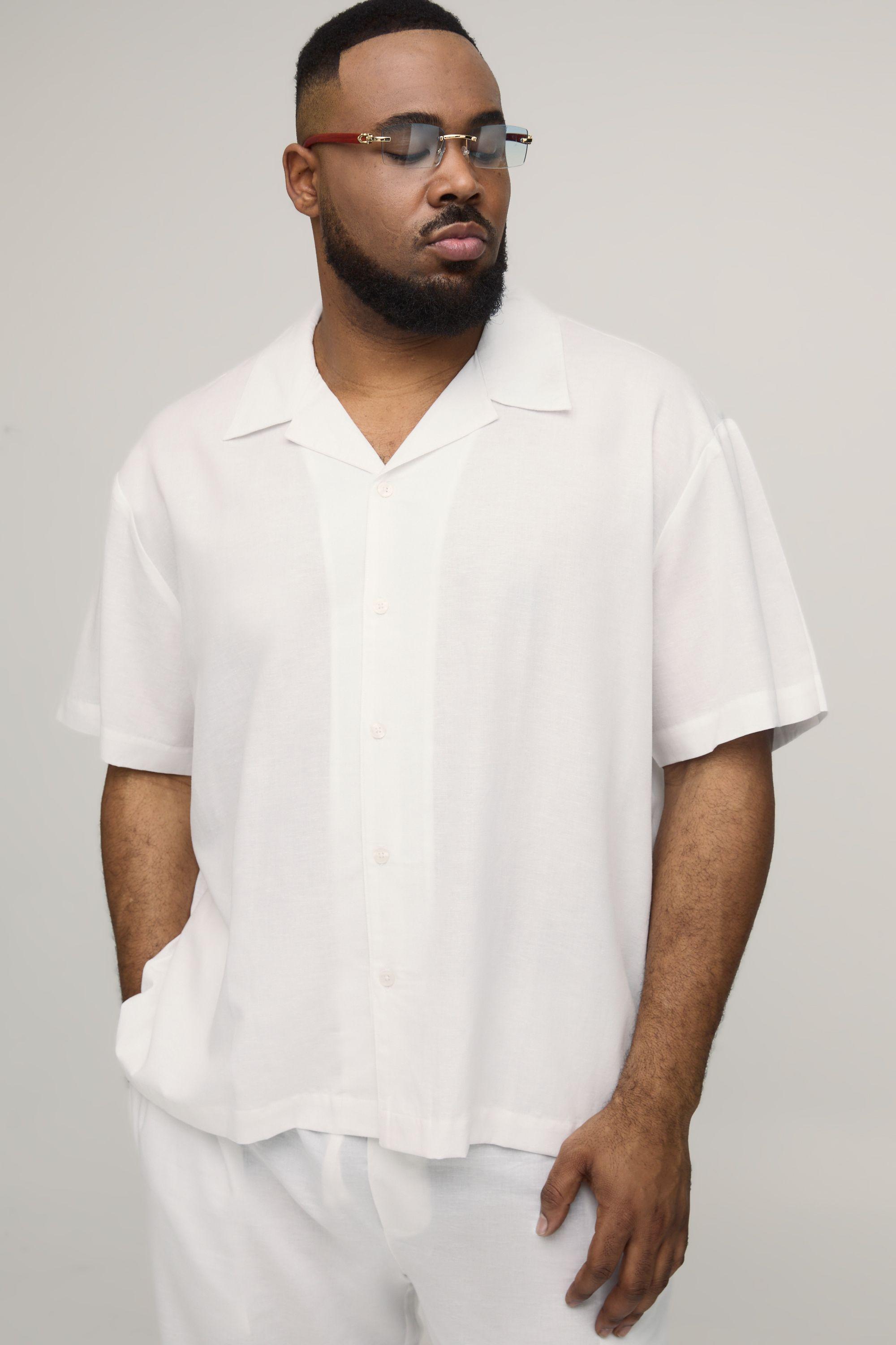 Plus Oversized Short Sleeve Linen Blend Shirt by BOOHOOMAN