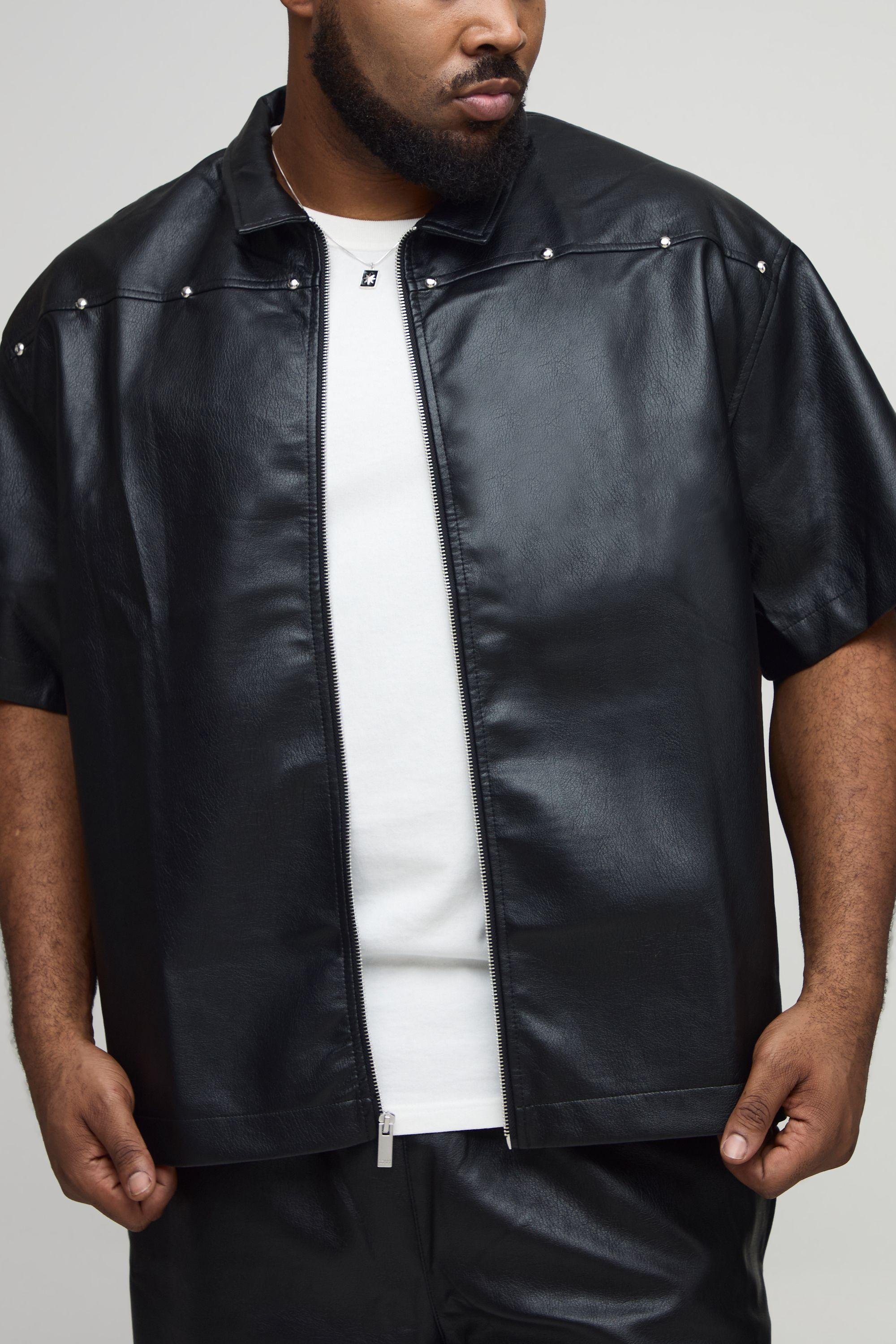 Plus Oversized Studded Leather Look Short Sleeve Shirt by BOOHOOMAN Plus Oversized Studded Leather Look Short Sleeve Shirt by BOOHOOMAN