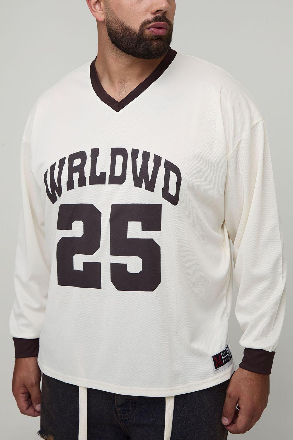 Plus Oversized WRLDWD Print Long-sleeved Sports T-Shirt by BOOHOOMAN Plus Oversized WRLDWD Print Long-sleeved Sports T-Shirt by BOOHOOMAN