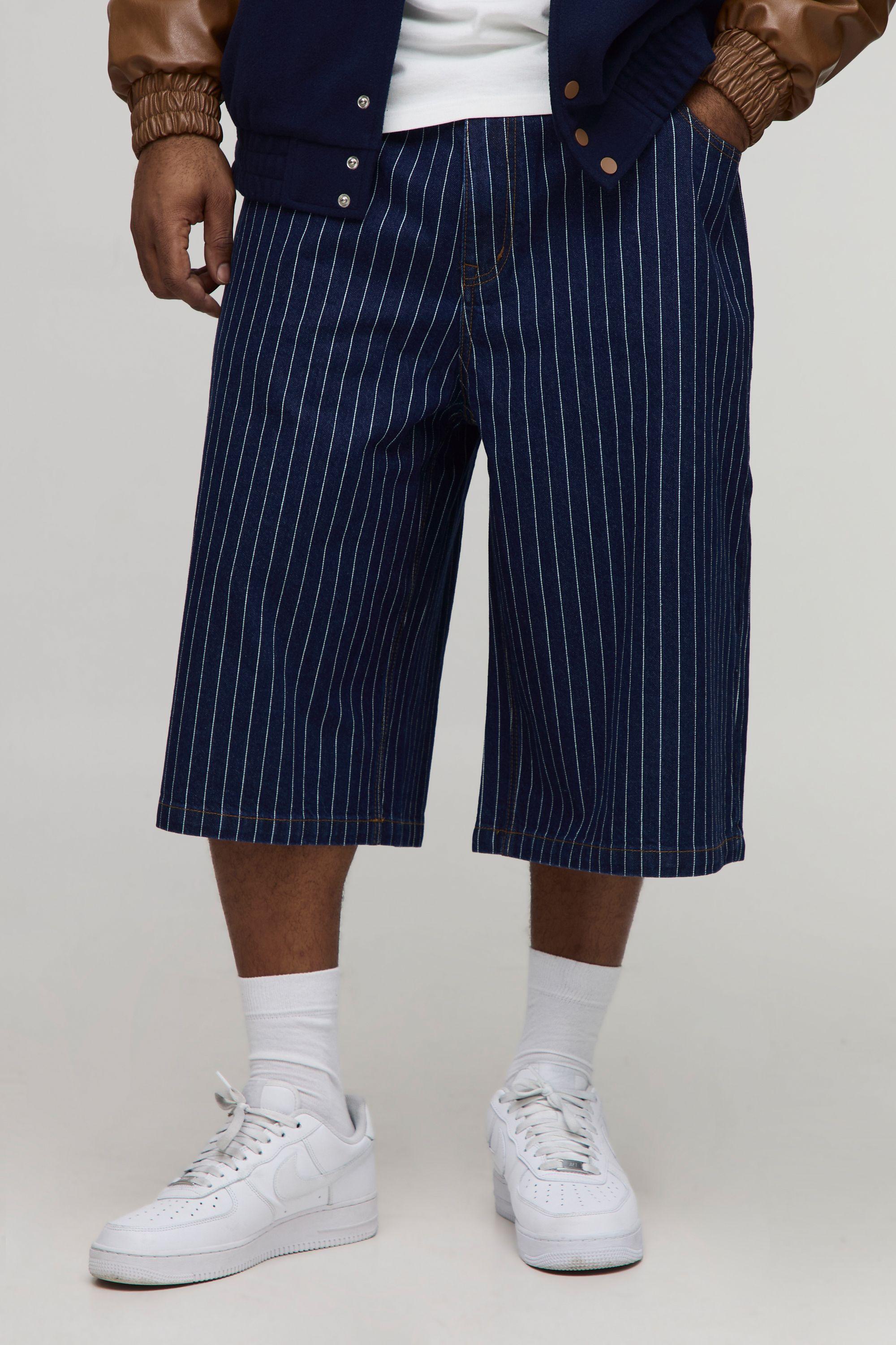 Plus Pinstripe Denim Longline Carpenter Jorts by BOOHOOMAN