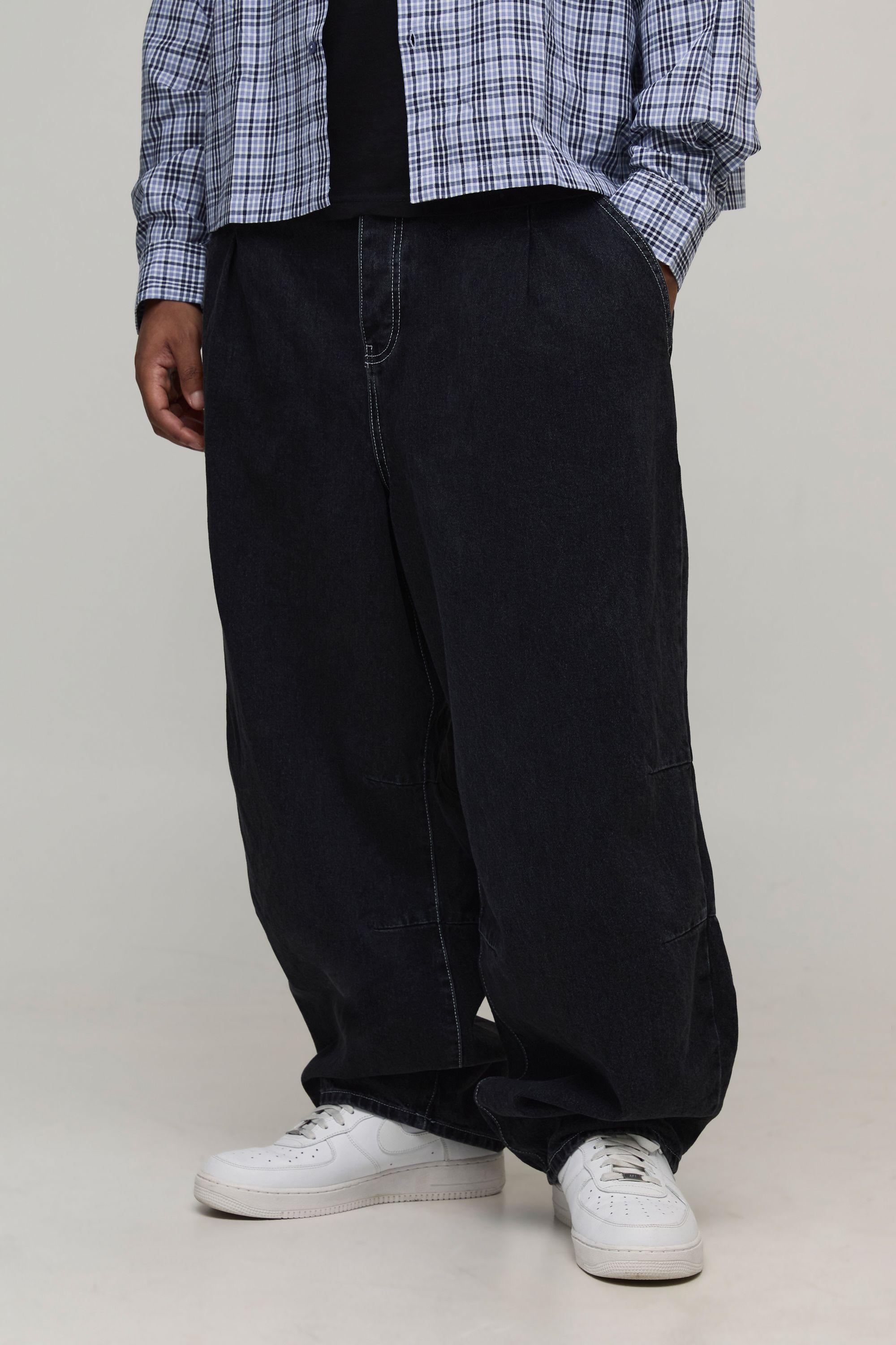 Plus Pleat Front Contrast Stitch Balloon Fit Jeans by BOOHOOMAN