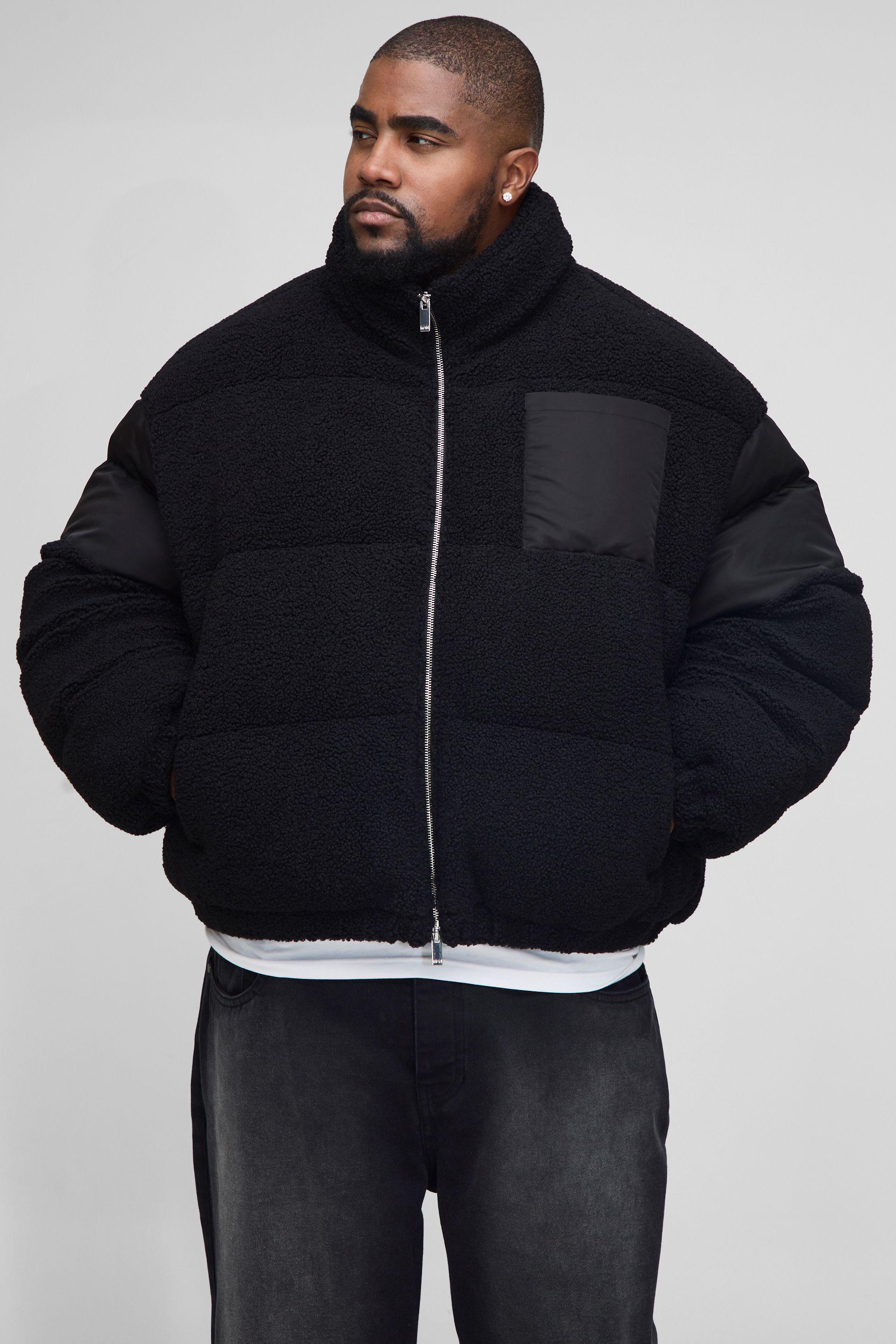 Plus Regular Fit Borg & Nylon Funnel Neck Puffer Jacket In Black by BOOHOOMAN