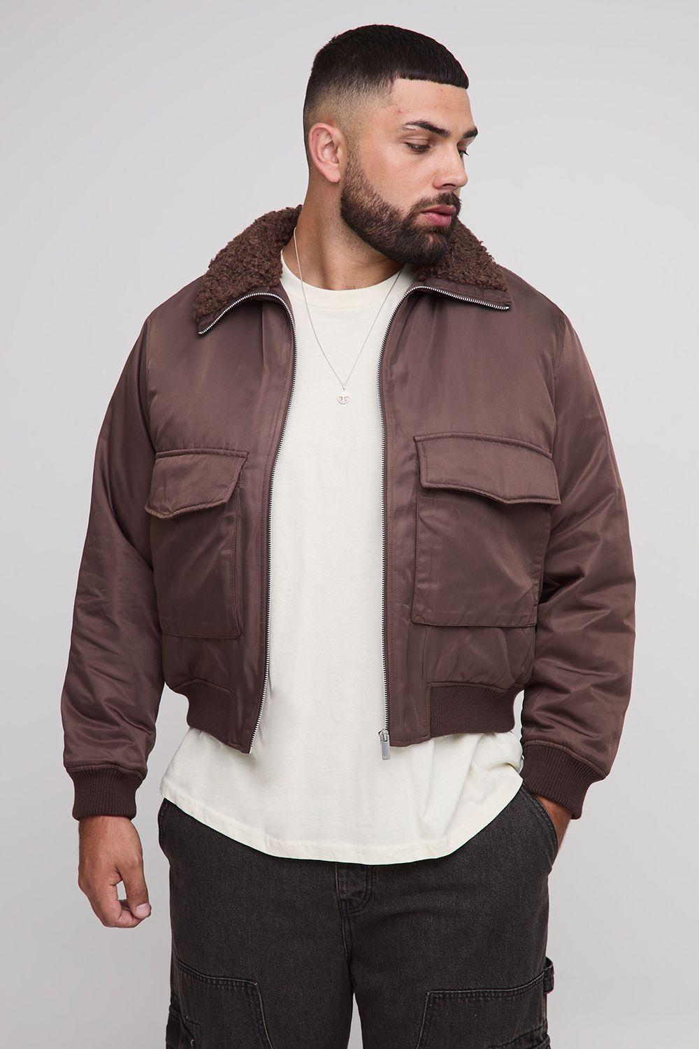 Plus Regular Fit Boucle Borg Collar Nylon Bomber Jacket by BOOHOOMAN