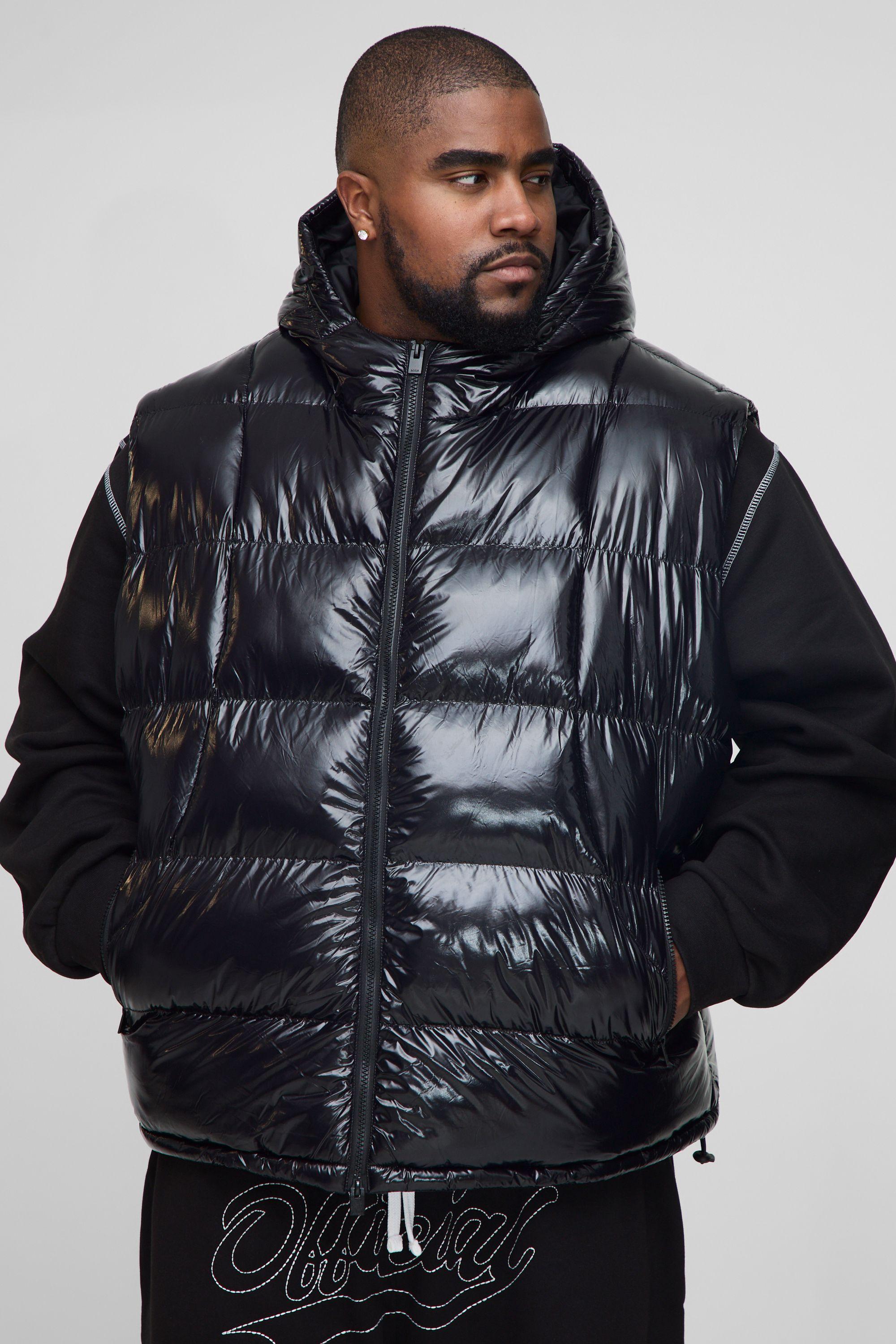 Plus Regular Fit High Shine Quilted Hooded Puffer Gilet by BOOHOOMAN