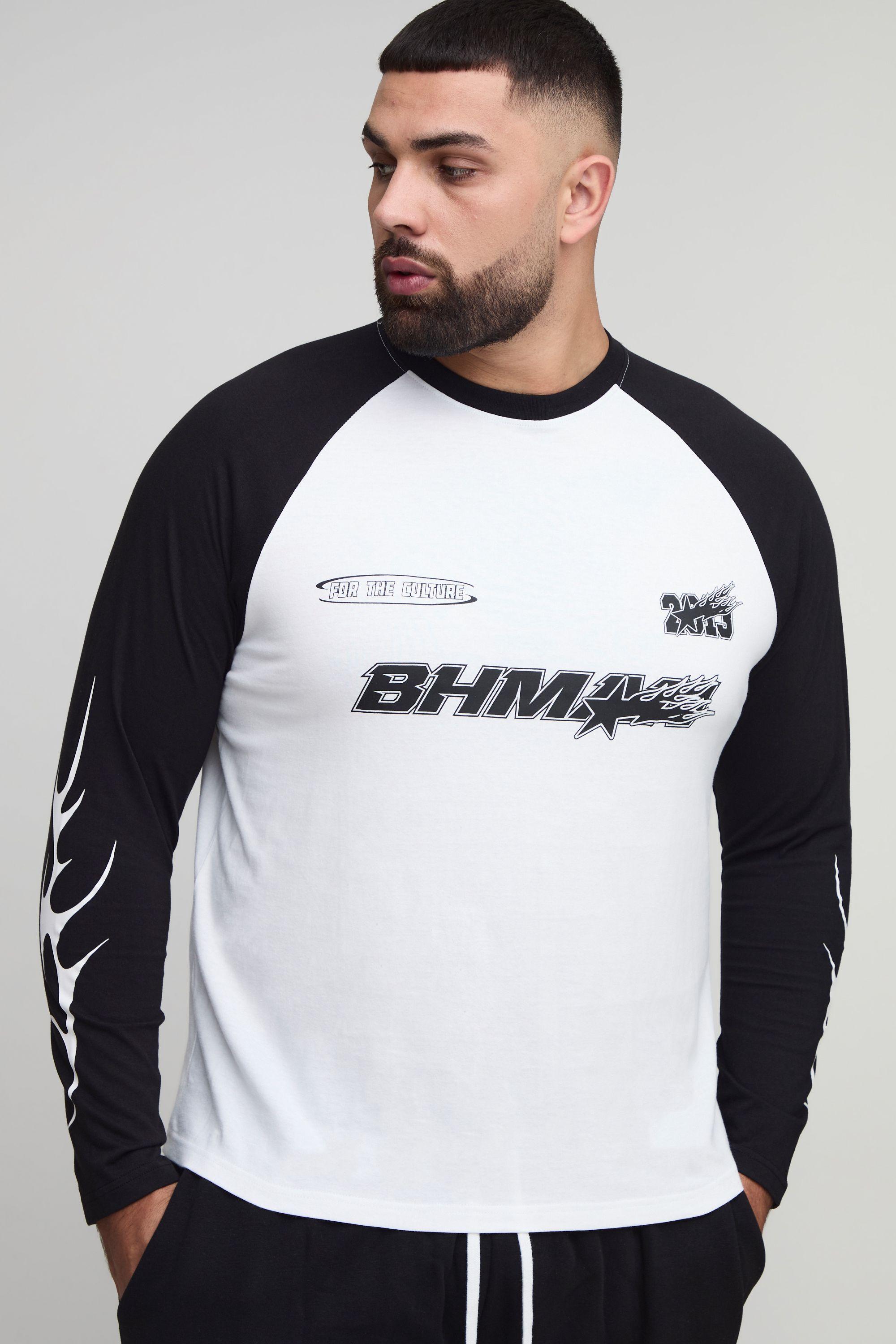Plus Regular Fit Moto Graphic Long Sleeve Raglan T-Shirt by BOOHOOMAN Plus Regular Fit Moto Graphic Long Sleeve Raglan T-Shirt by BOOHOOMAN