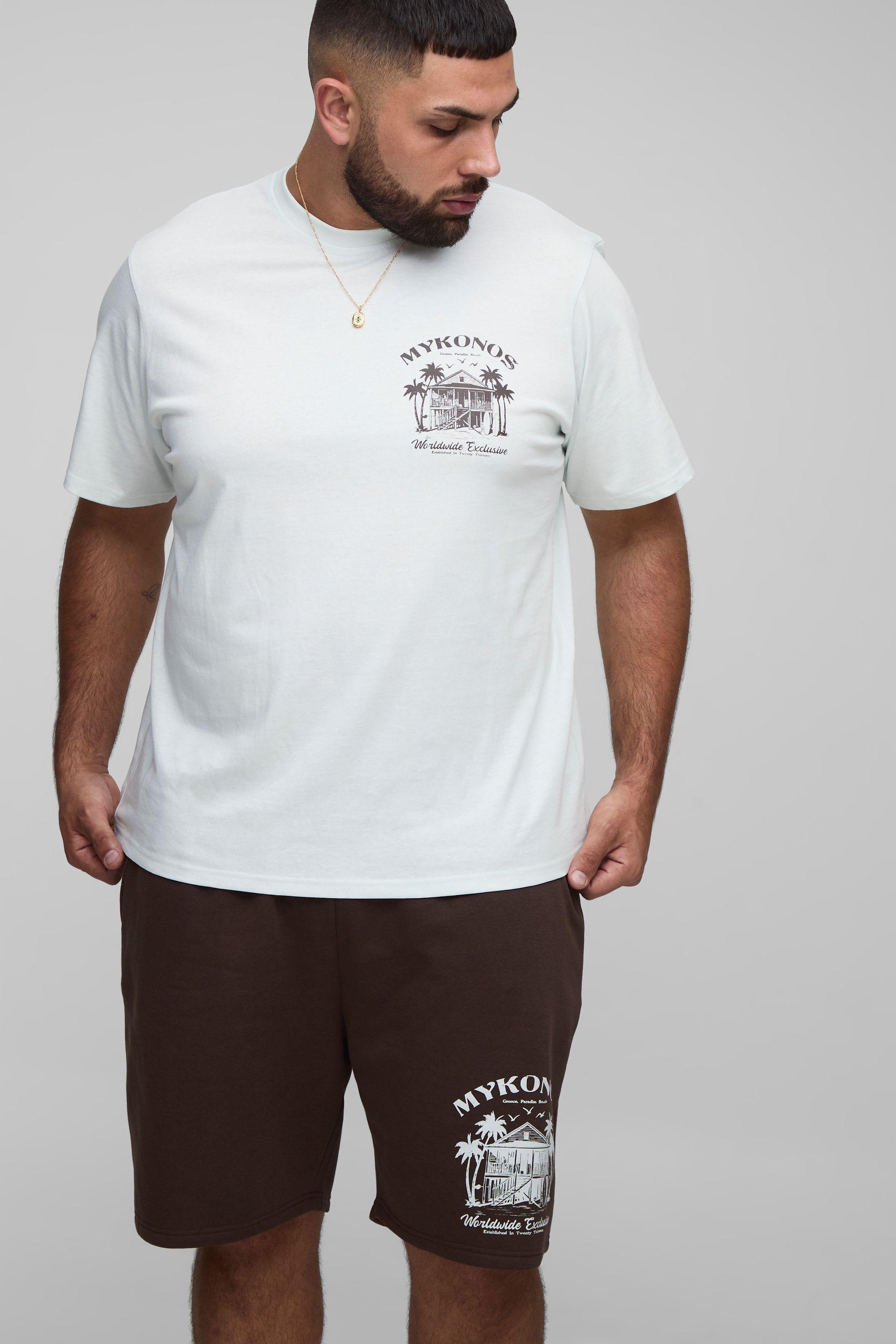 Plus Regular Fit Mykonos Landscape Print T-Shirt & Relaxed Short Set by BOOHOOMAN