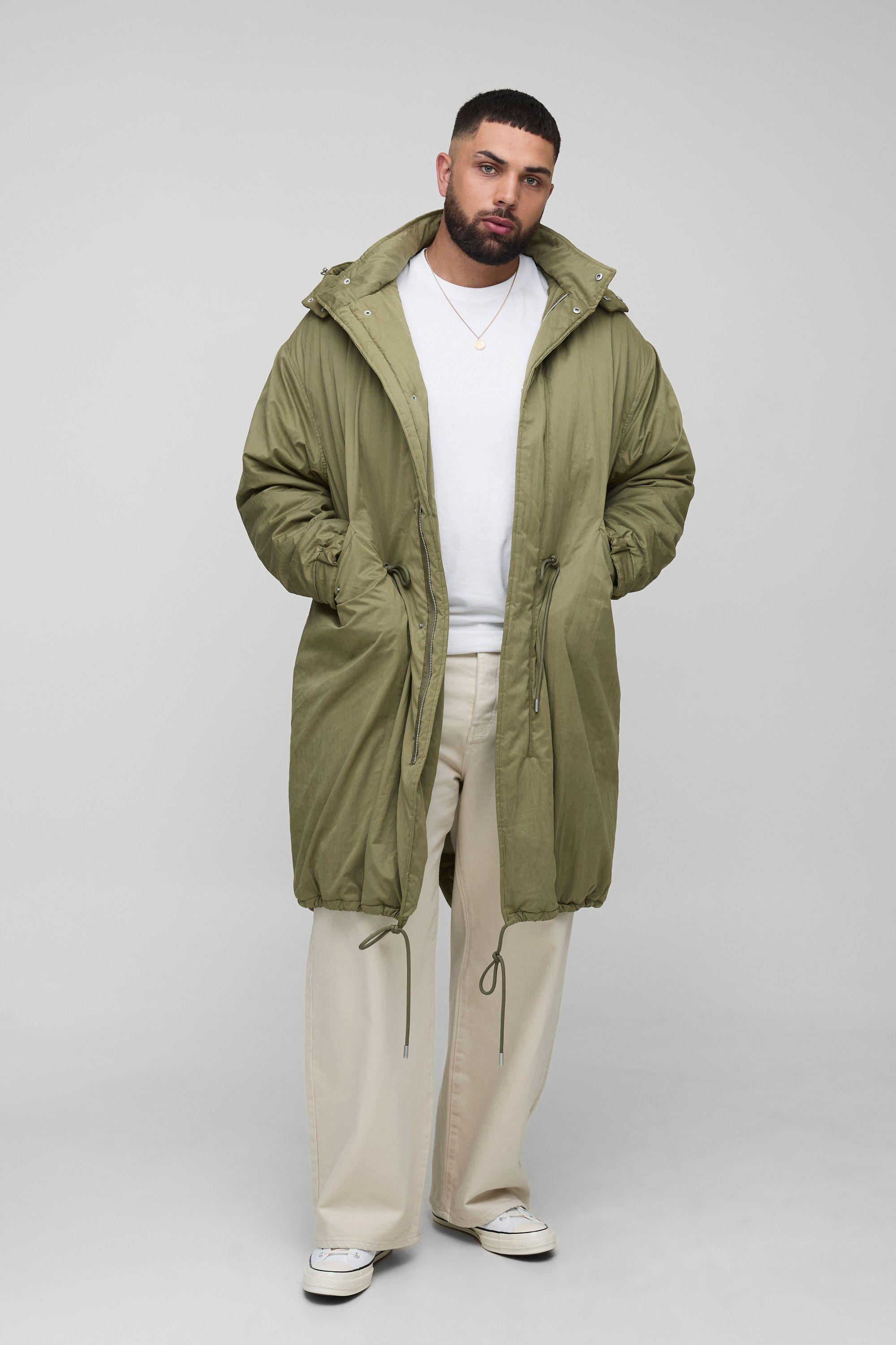 Plus Regular Fit Peached Nylon Funnel Neck Mid Length Parka Jacket by BOOHOOMAN
