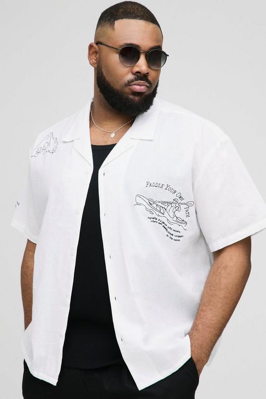 Plus Regular Fit Placement Print Linen Look Revere Shirt by BOOHOOMAN