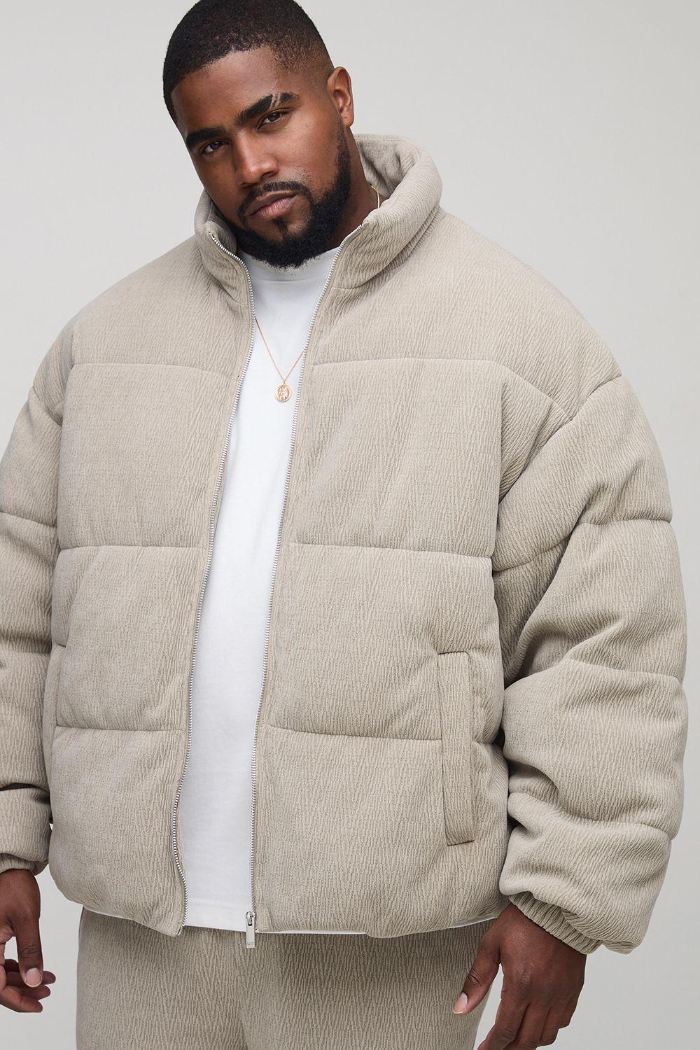 Plus Regular Fit Textured Faux Suede Funnel Neck Puffer Jacket by BOOHOOMAN