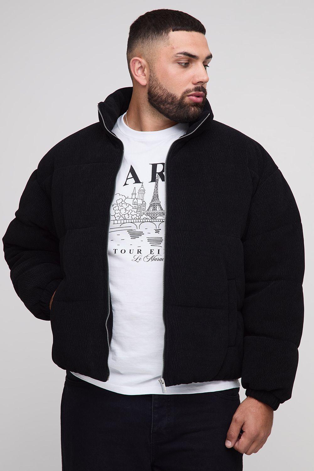 Plus Regular Fit Textured Faux Suede Funnel Neck Puffer Jacket by BOOHOOMAN Plus Regular Fit Textured Faux Suede Funnel Neck Puffer Jacket by BOOHOOMAN