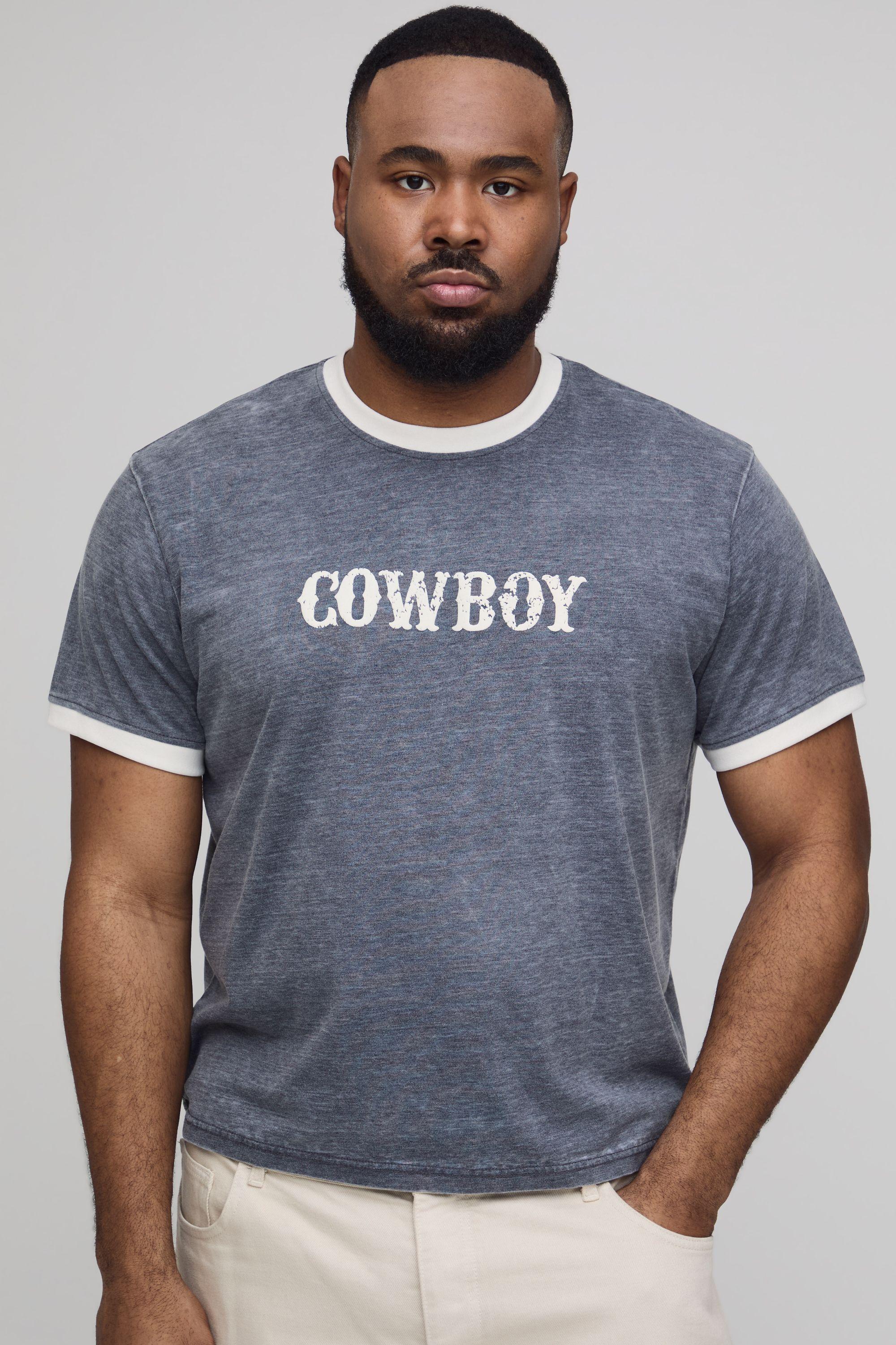 Plus Regular Ringer Slub Cowboy Club Puff Print T-Shirt by BOOHOOMAN