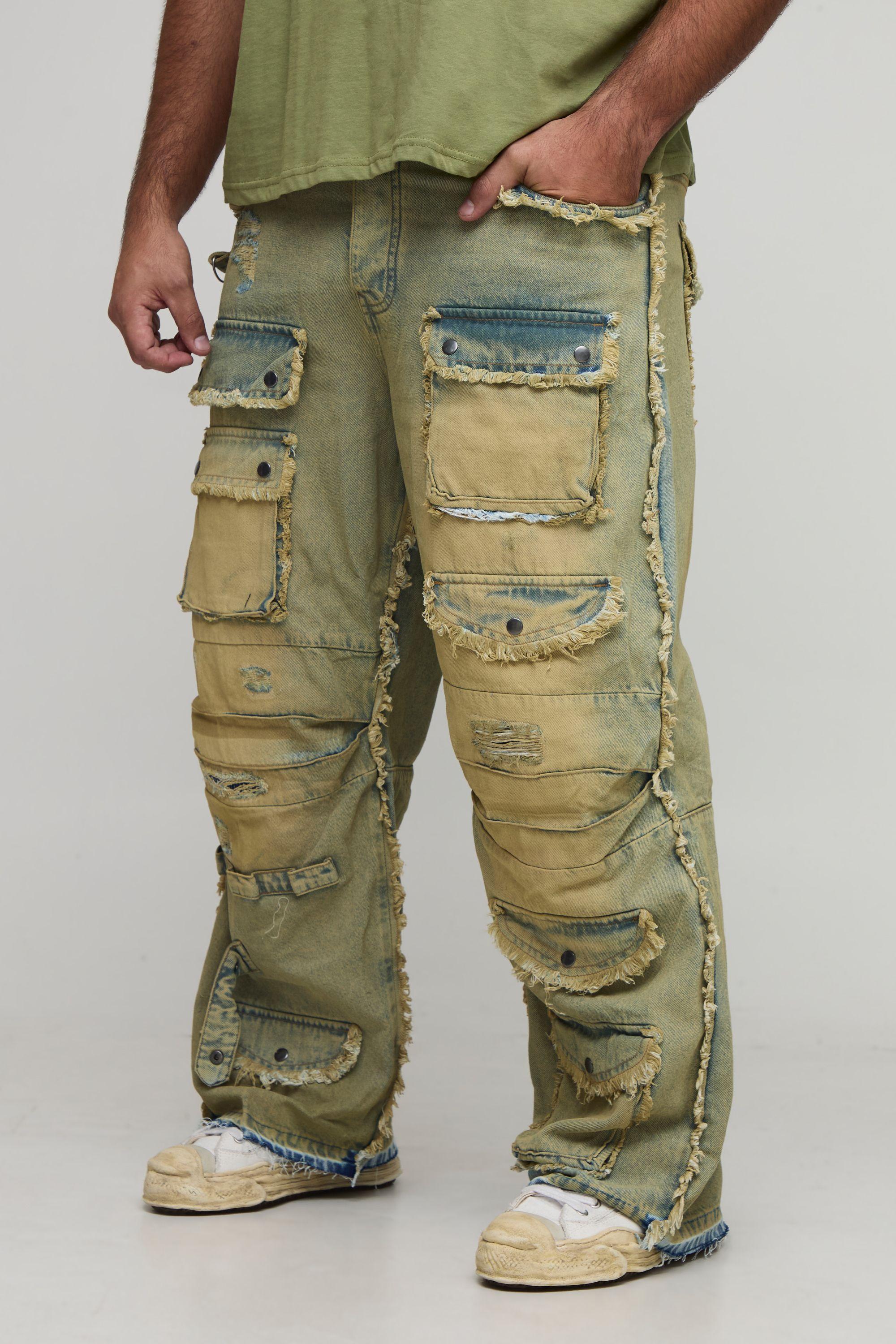 Plus Relaxed Distressed Washed Cargo Jeans by BOOHOOMAN