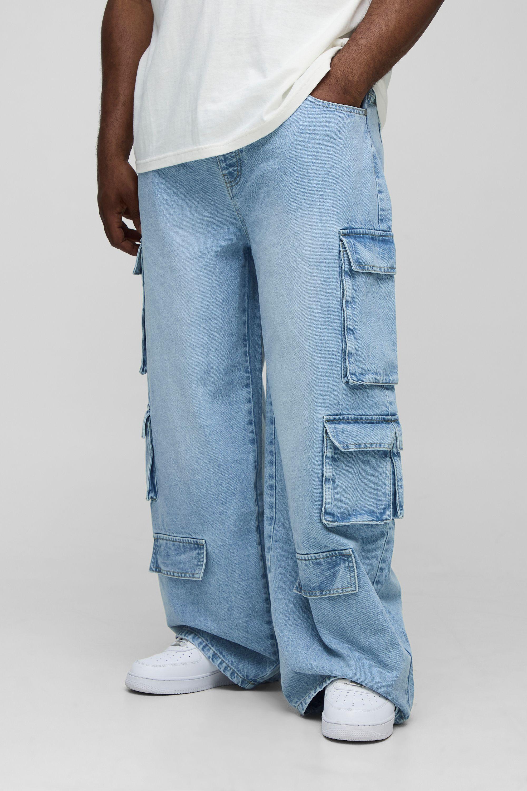 Plus Relaxed Fit Acid Wash Cargo Jeans by BOOHOOMAN