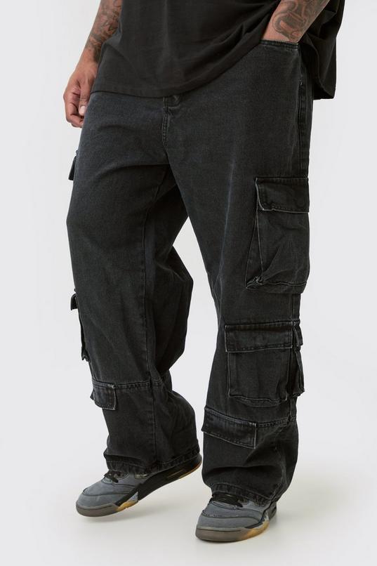 Plus Relaxed Fit Acid Wash Cargo Jeans by BOOHOOMAN