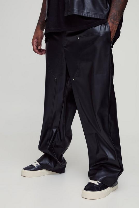 Plus Relaxed Fit Fixed Waistband PU Worker Panel Trousers by BOOHOOMAN