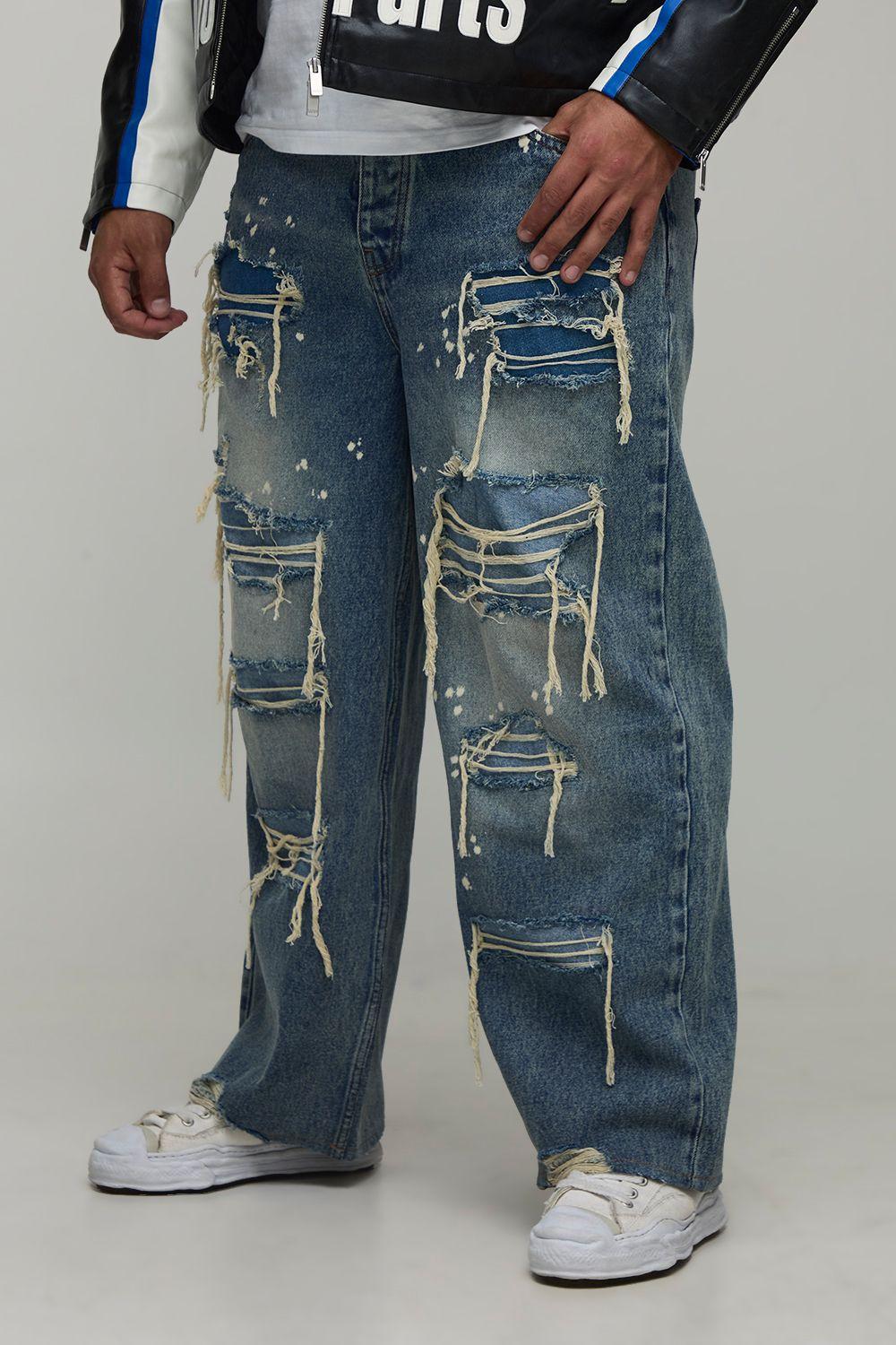Plus Relaxed Fit Washed Paint Splatter Ripped Jeans by BOOHOOMAN
