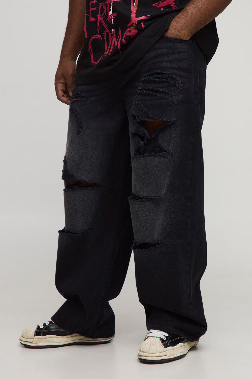 Plus Relaxed Fit Washed Super Distressed Jeans by BOOHOOMAN