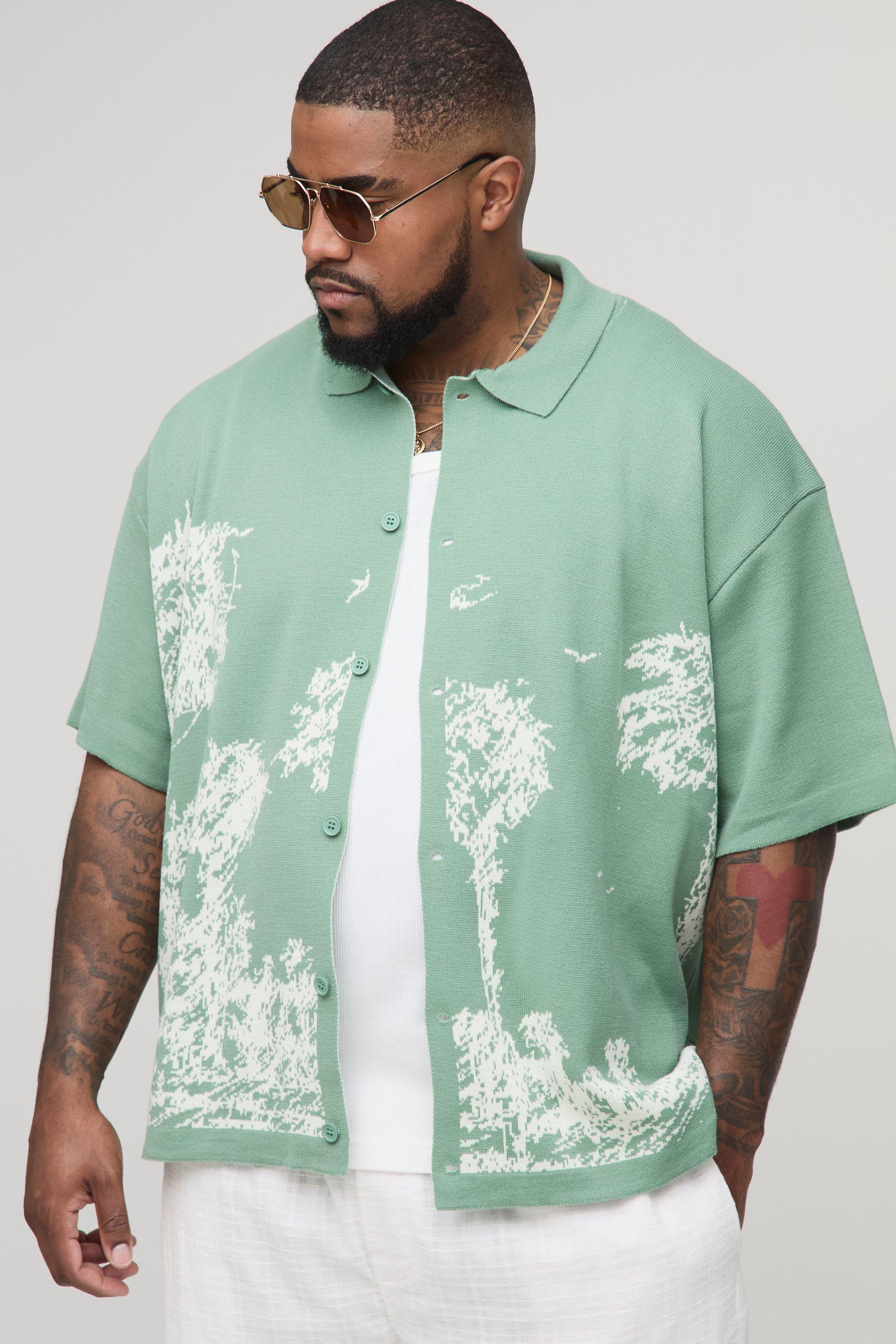 Plus Relaxed Palm Print Jacquard Knitted Shirt by BOOHOOMAN