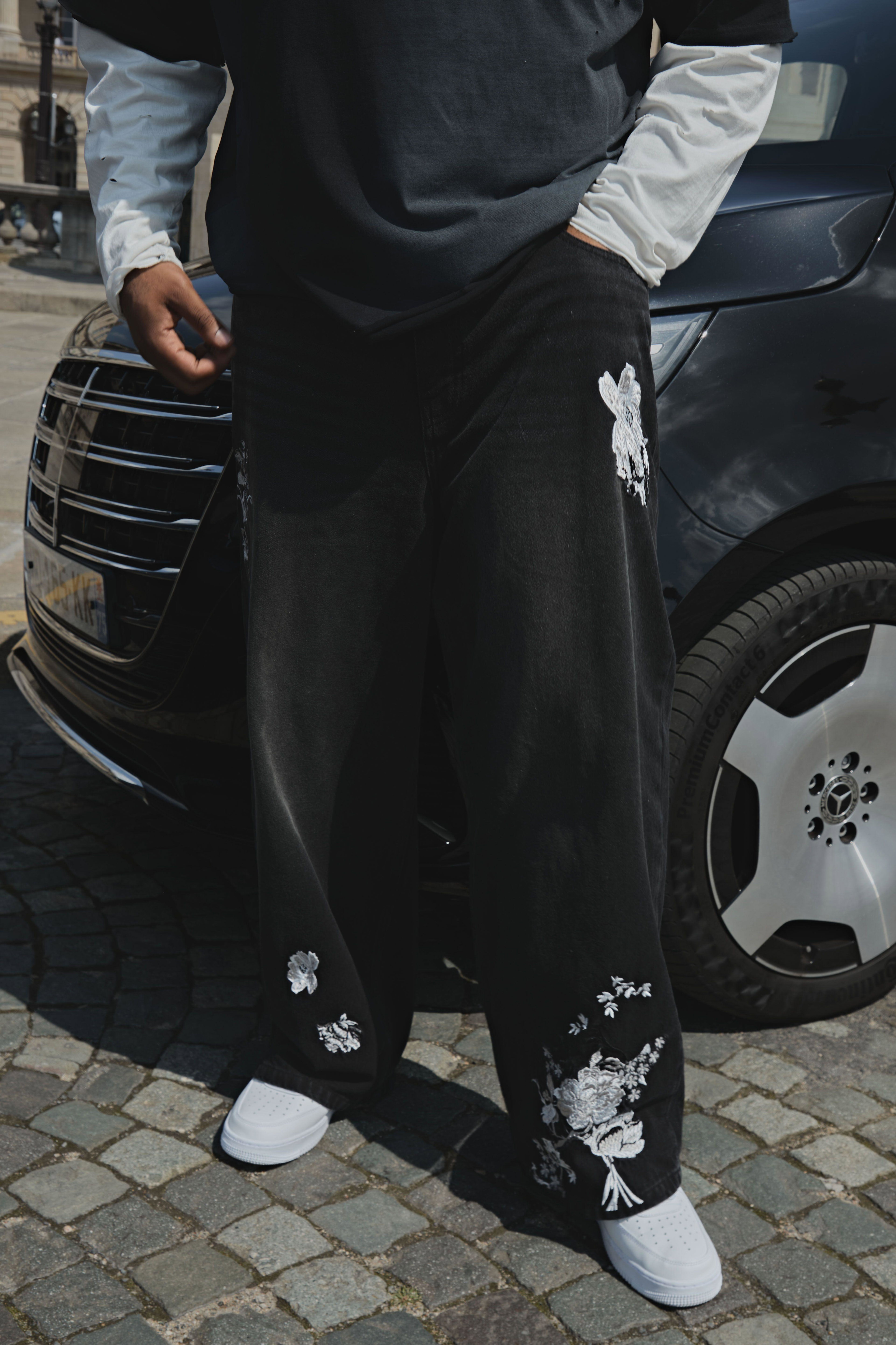 Plus Relaxed Rigid Floral Embroidered Jeans by BOOHOOMAN