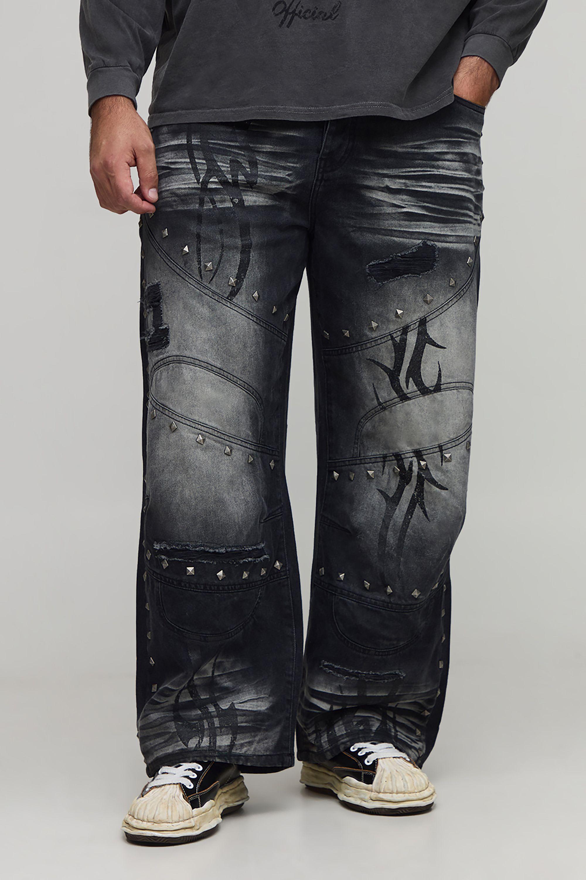 Plus Relaxed Silver Studded Jeans by BOOHOOMAN