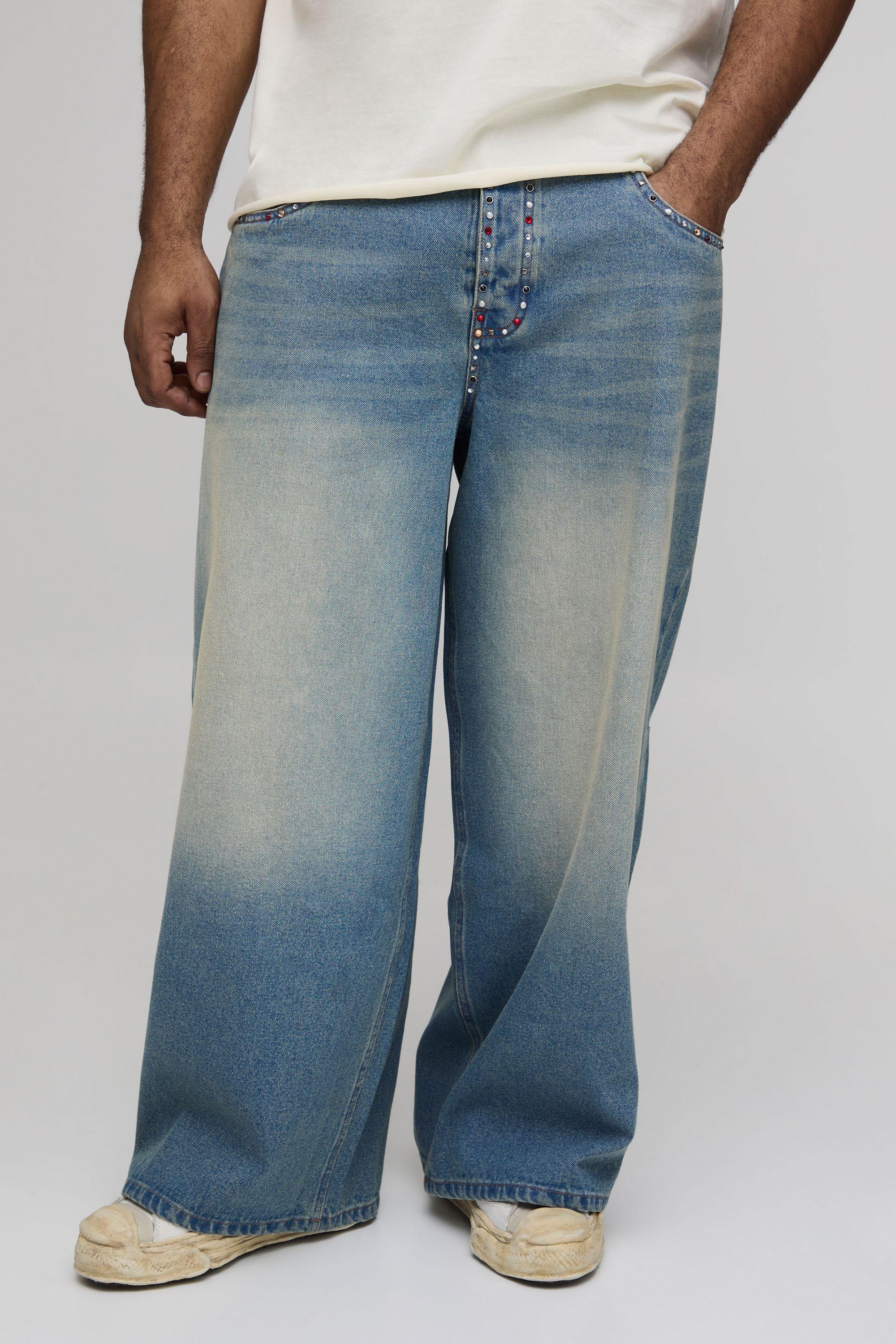 Plus Rhinestone Trim Multi Pocket Baggy Jeans by BOOHOOMAN
