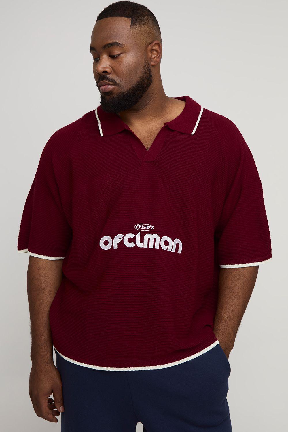 Plus Ribbed Knit Embroidered Football Shirt by BOOHOOMAN Plus Ribbed Knit Embroidered Football Shirt by BOOHOOMAN