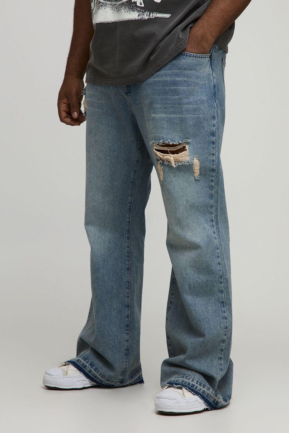 Plus Ripped Let Down Hem Rigid Flared Jeans by BOOHOOMAN