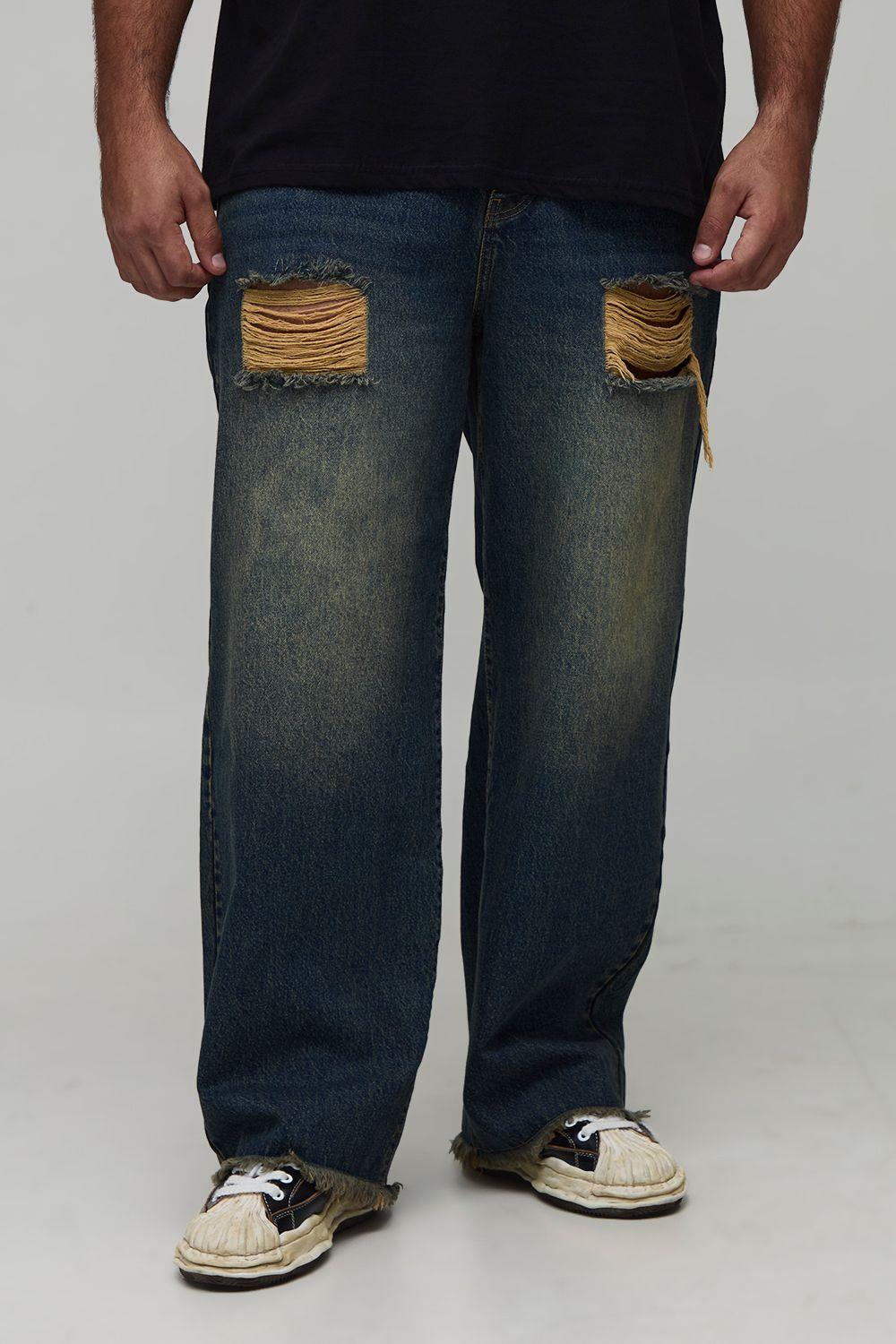 Plus Ripped Raw Hem Stonewash Relaxed Fit Jeans by BOOHOOMAN Plus Ripped Raw Hem Stonewash Relaxed Fit Jeans by BOOHOOMAN