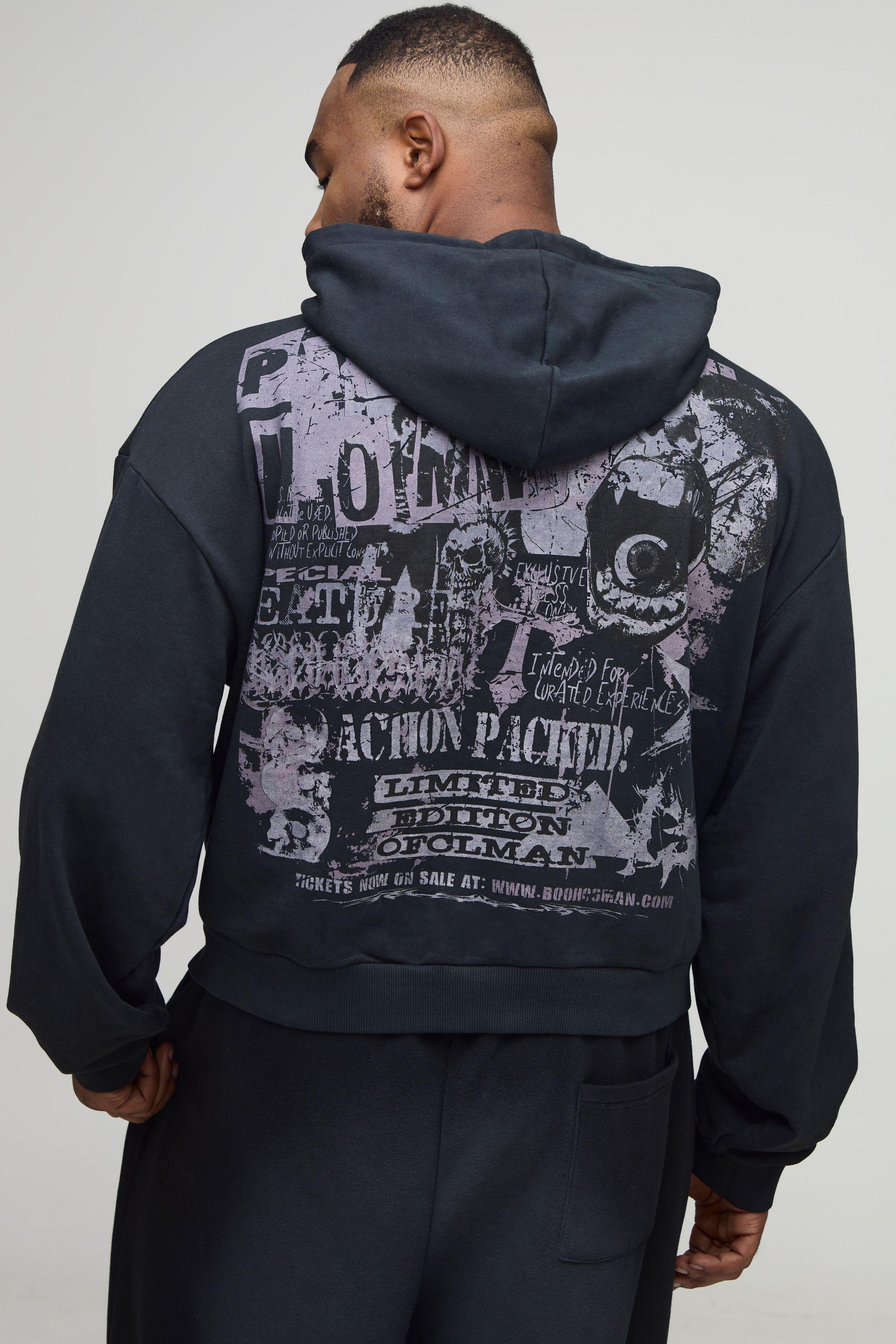 Plus Shrunken Zip Through Star Grunge Distressed Printed Washed Hoodie by BOOHOOMAN