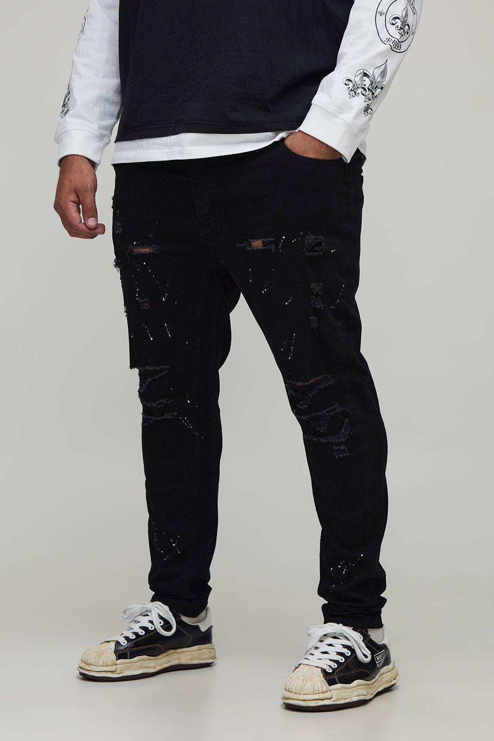 Plus Skinny Paint Splatter Distressed Jeans by BOOHOOMAN