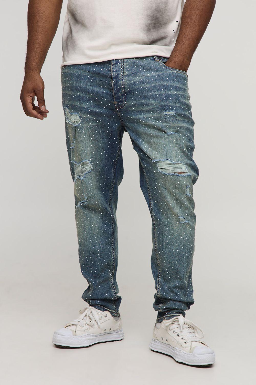 Plus Skinny Rhinestone Distressed Jeans by BOOHOOMAN