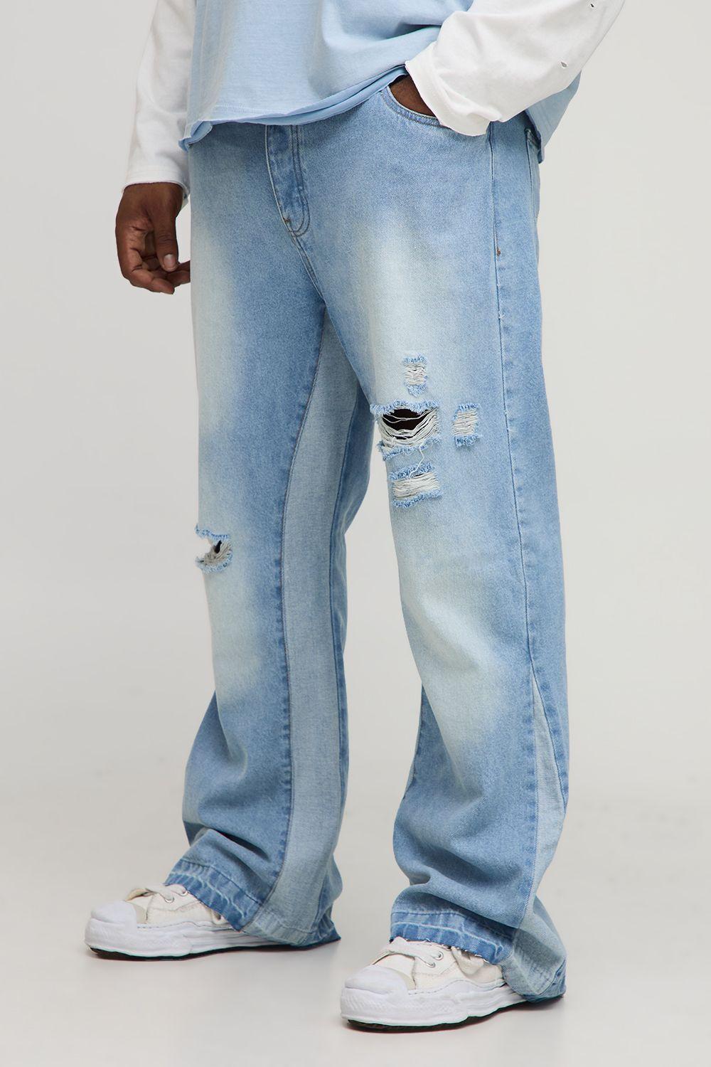 Plus Slim Flare Gusset Detail Distressed Panel Jeans by BOOHOOMAN