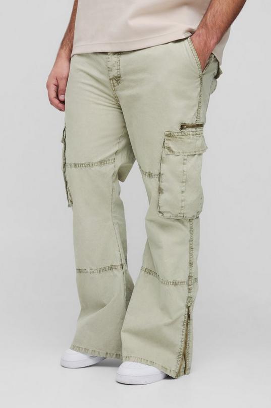 Plus Slim Flare Zip Gusset Overdye Acid Wash Cargo Trouser by BOOHOOMAN