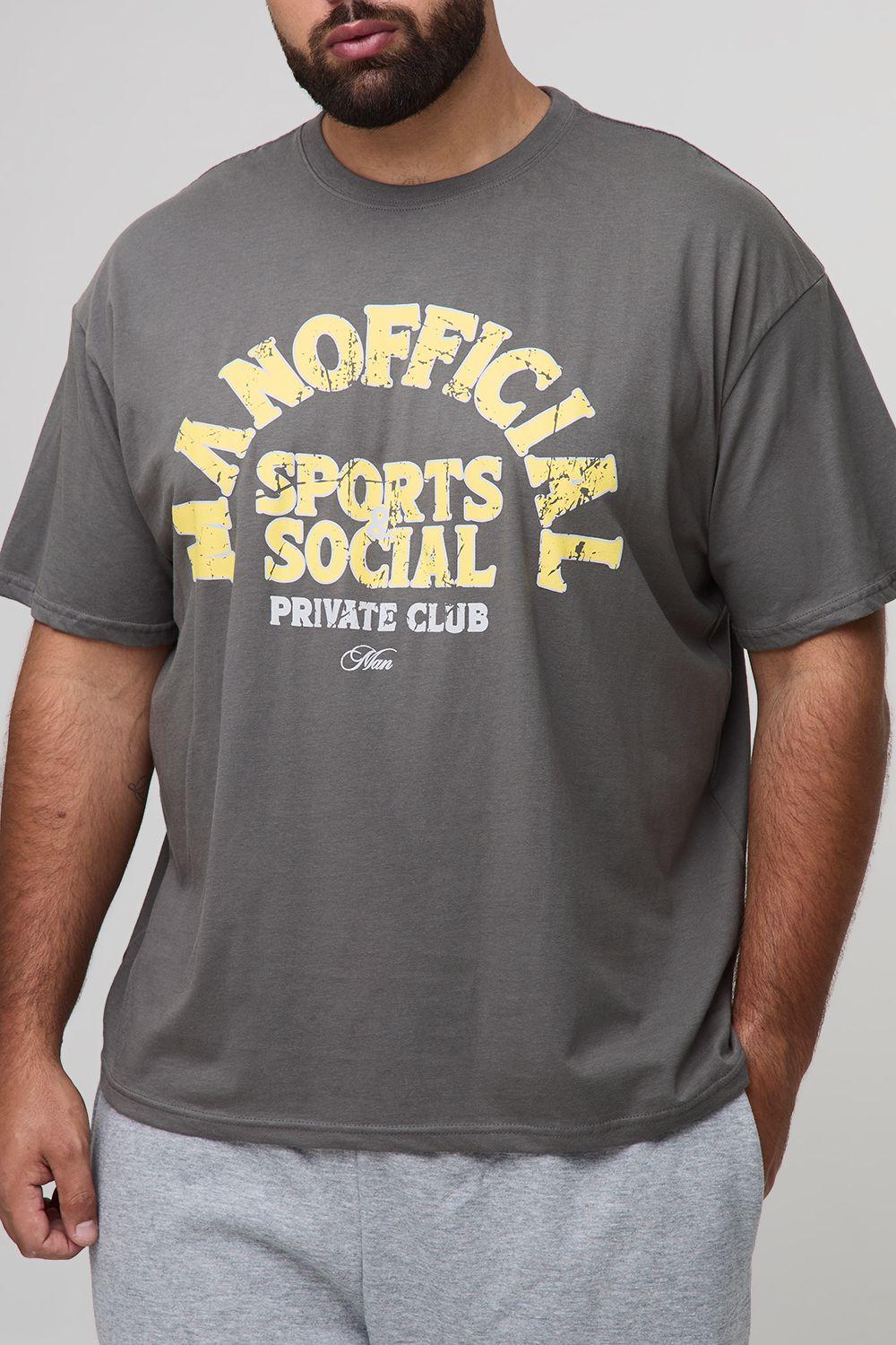 Plus Sports Social Varsity Print Oversized T-Shirt by BOOHOOMAN