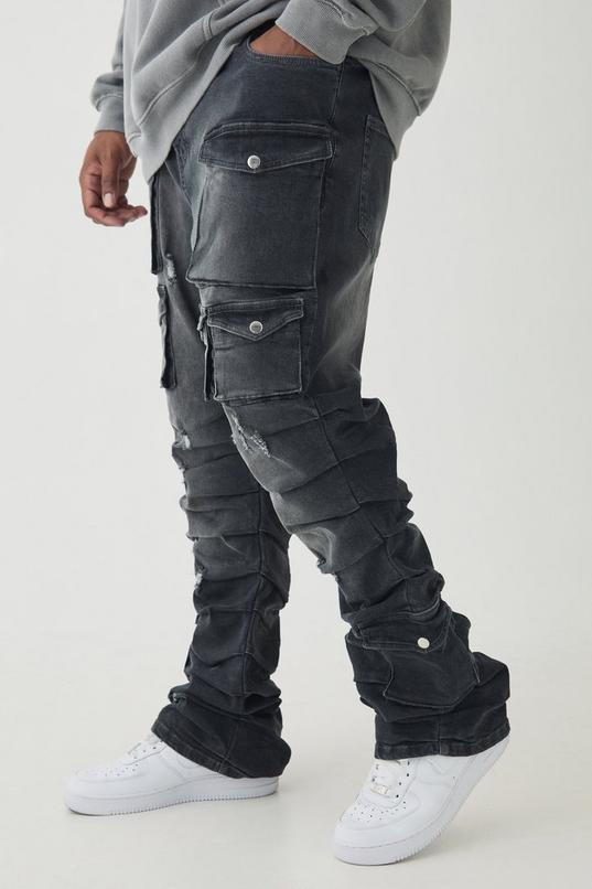 Plus Stacked Multi Cargo Pocket Flared Jeans by BOOHOOMAN