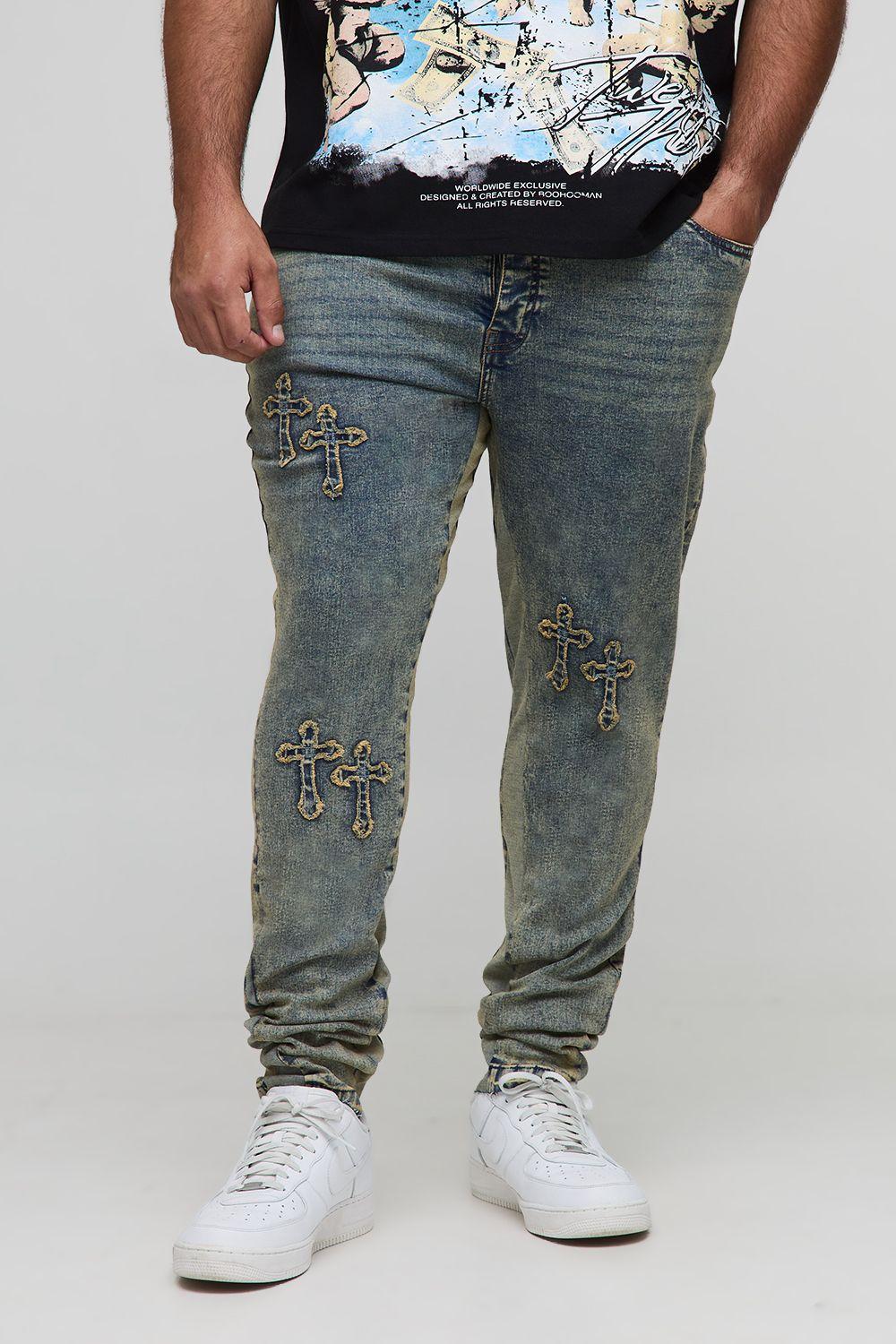 Plus Stacked Skinny Cross Applique Gusset Jeans by BOOHOOMAN