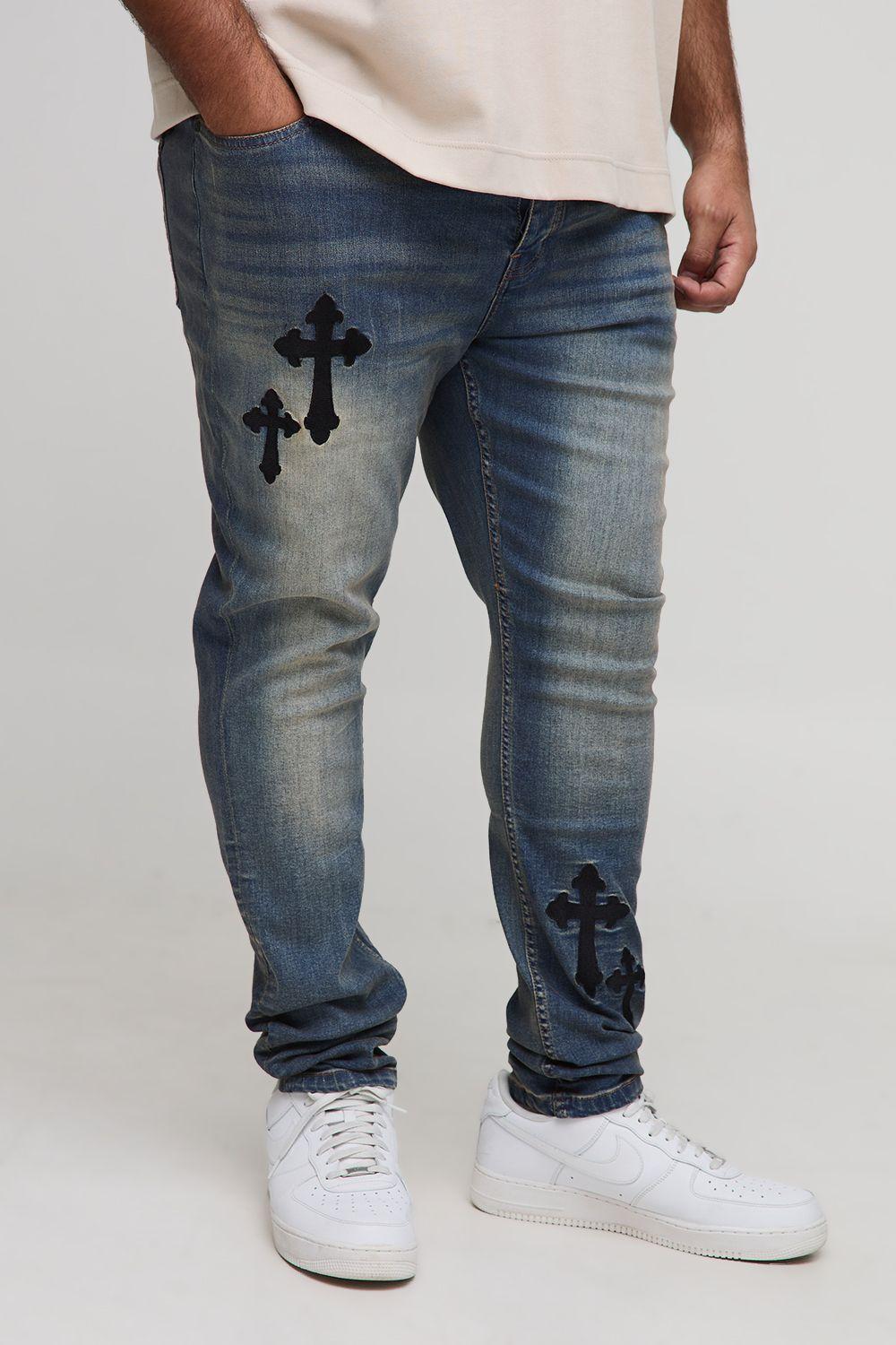 Plus Stacked Skinny Cross Embroidered Jeans by BOOHOOMAN