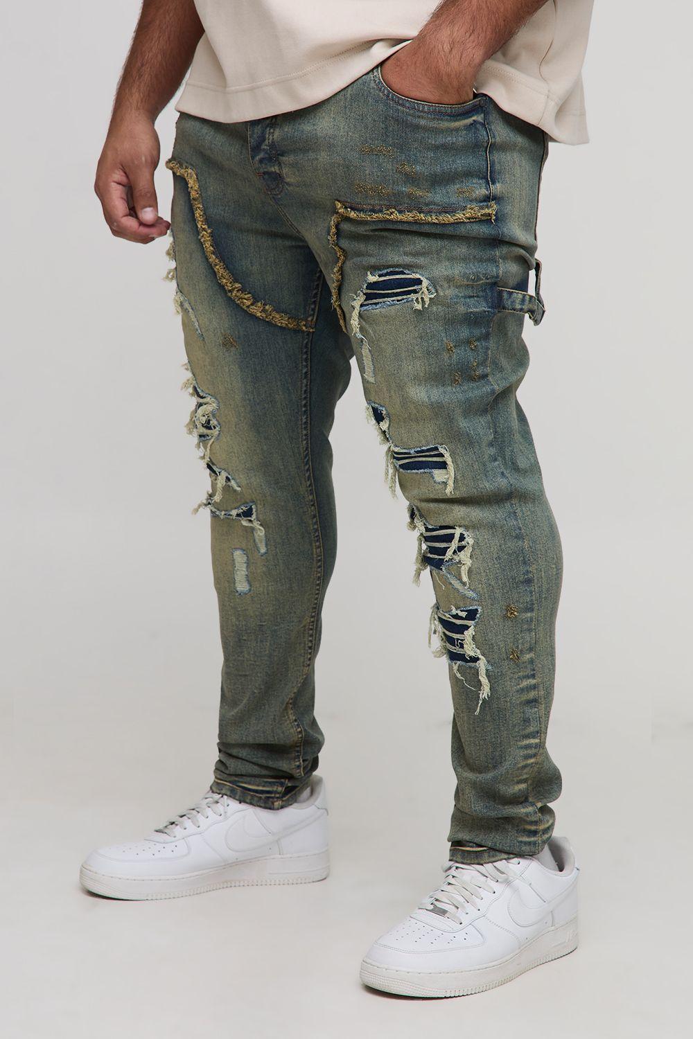 Plus Stacked Skinny Multi Rip Carpenter Jeans by BOOHOOMAN